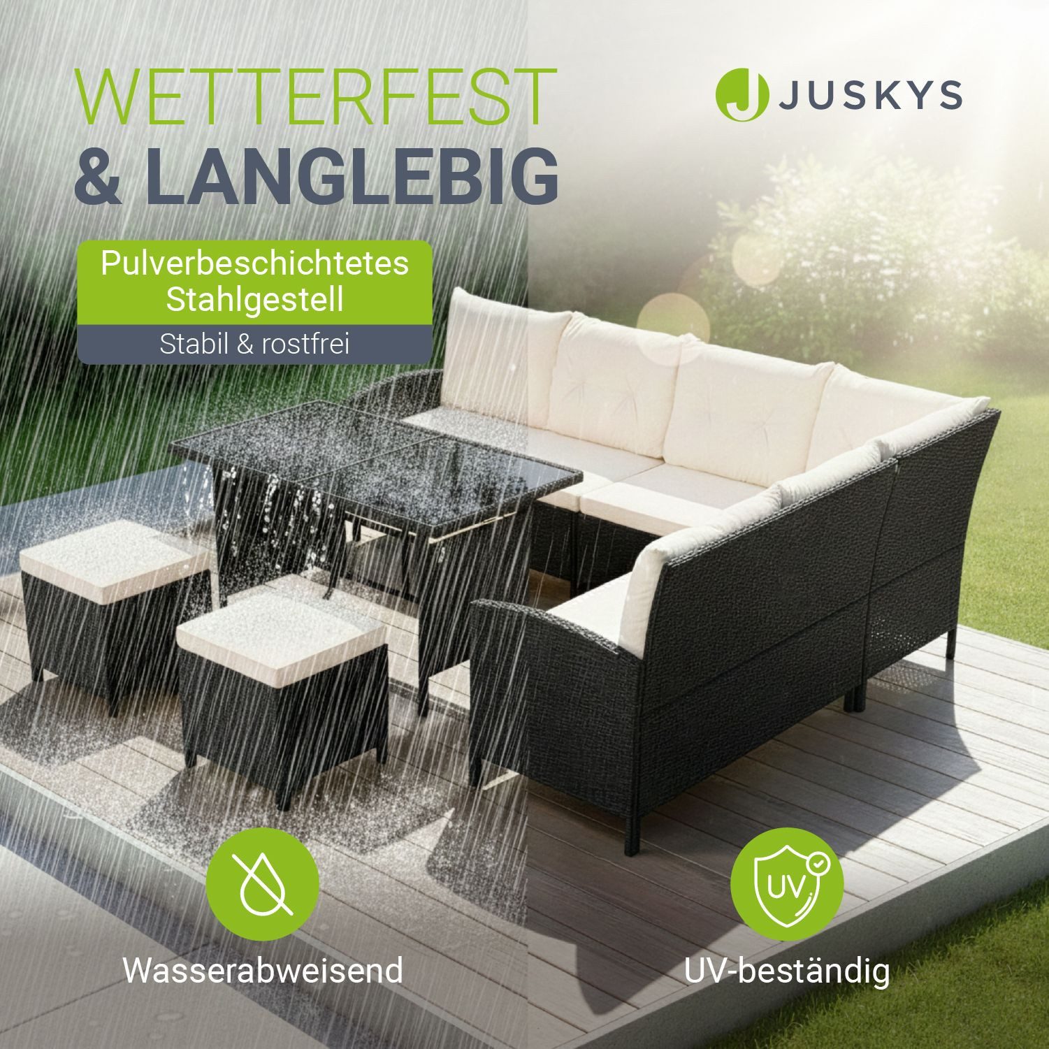 Juskys Gartenlounge-Set Manacor, (Gartenlounge), Polyrattan Gartenmöbel-Set mit Garten-Sofa, Garten-Tisch und 2 Hocker