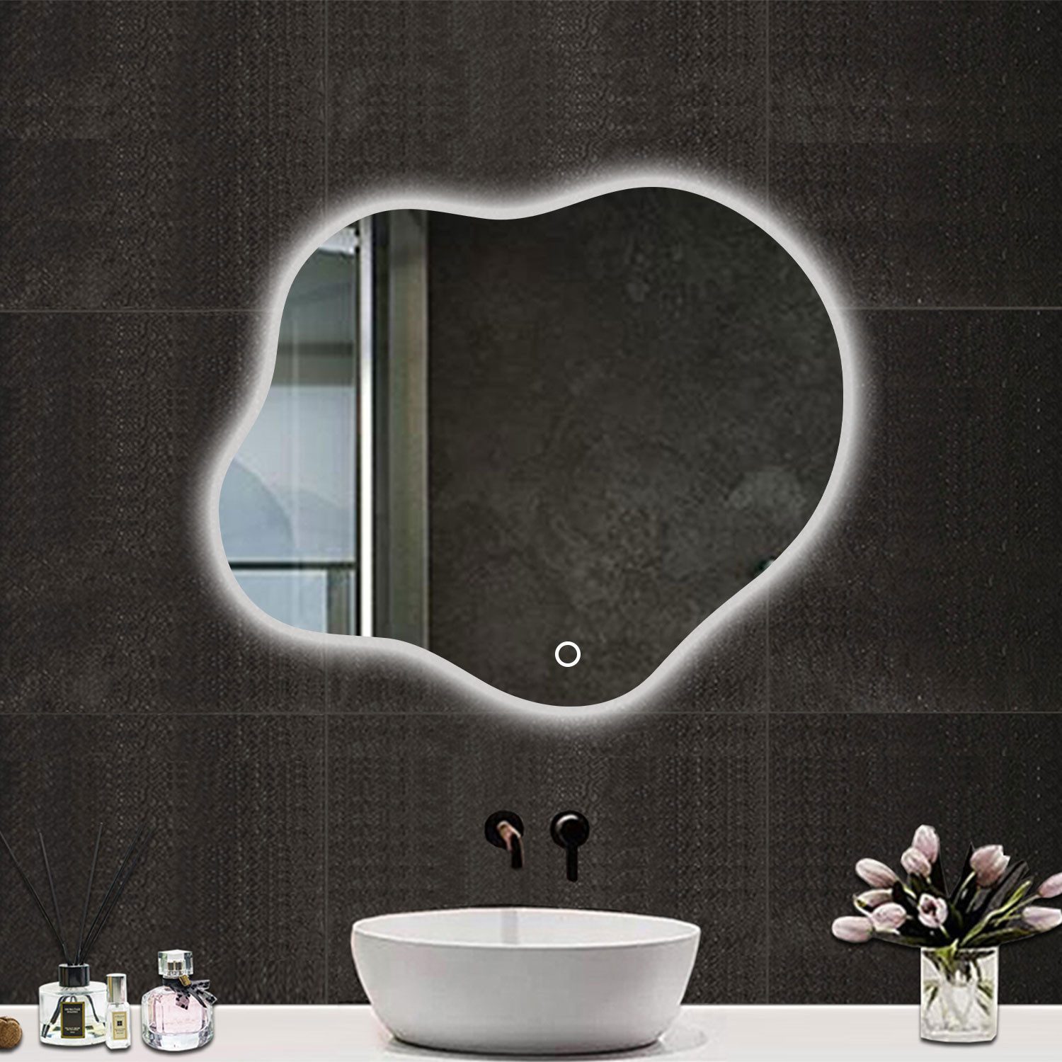 duschspa Badspiegel Spiegel mit Beleuchtung wandspiegel Asymmetrisch Dekospiegel (Wolke), Netral/Warm/Kaltweiß, Beschlagfrei, Touch+Wandschalter, Dimmbar