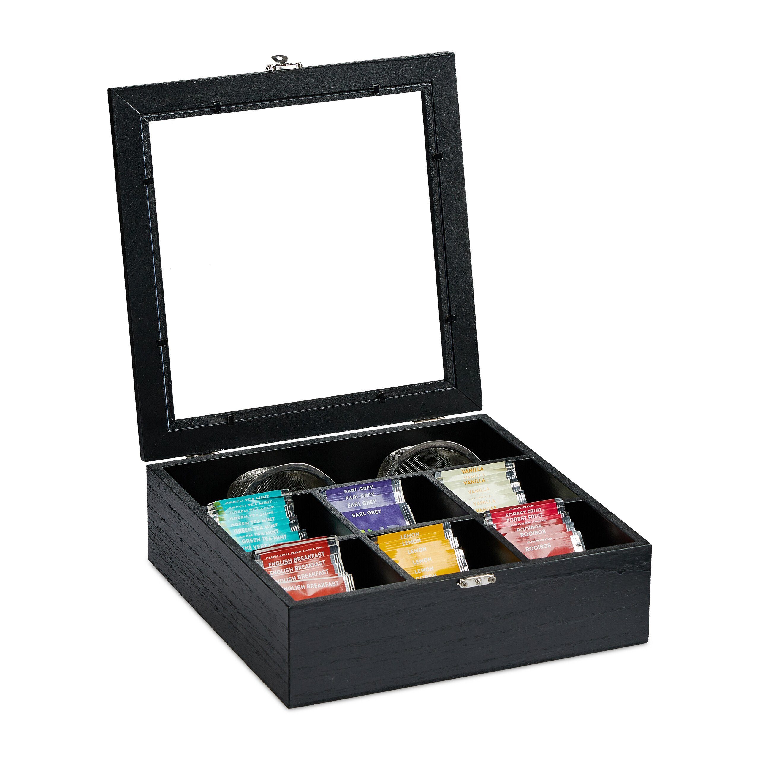 relaxdays Teebox Teebox in Holzoptik, Faserplatte, Schwarz Schwarz Transparent Silber