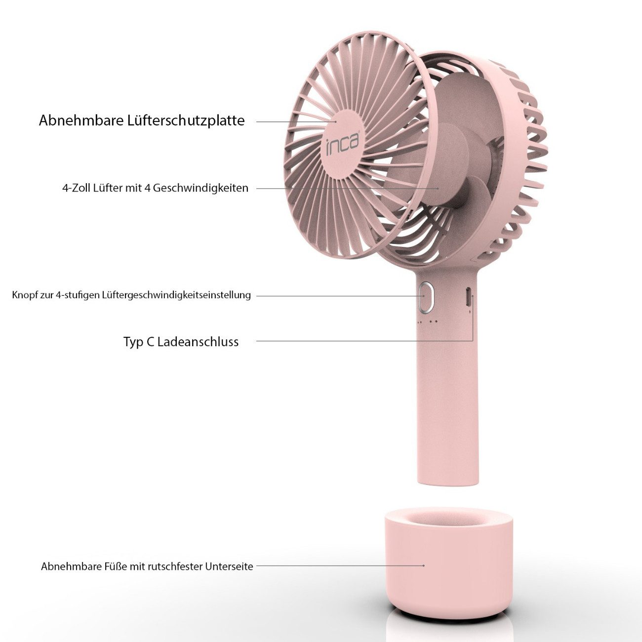 INCA Handventilator IMF-12P, 10,5 cm Durchmesser, Handventilator mit 4 Stufen und rutschfestem Boden