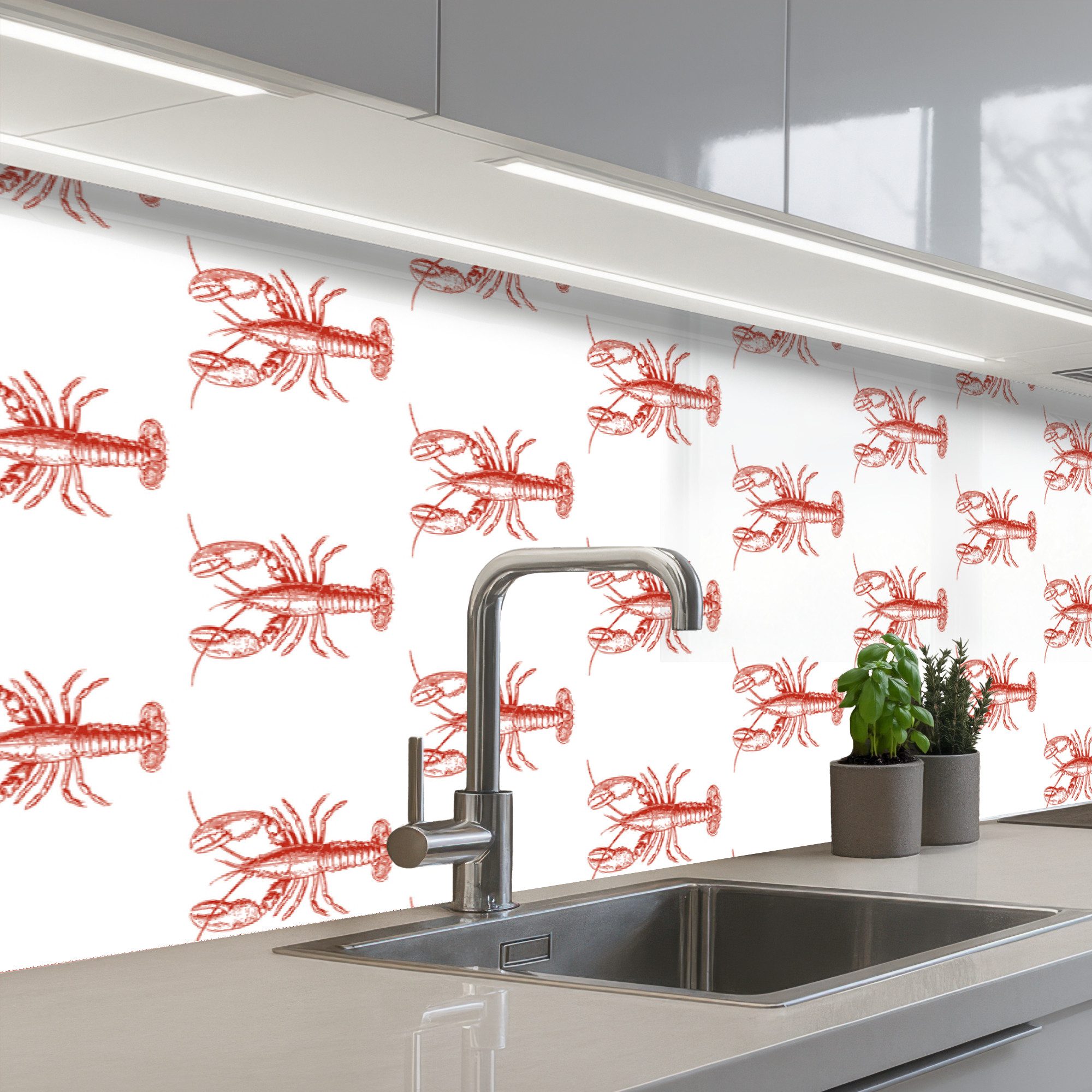 KitchenYeah Küchenrückwand selbstklebend (keine Folie) Hummer - Rot - Muster, (1-tlg), Spritzschutz, Küche, Rückwand, Küchenwand, Ohne Bohren, 250x80 cm