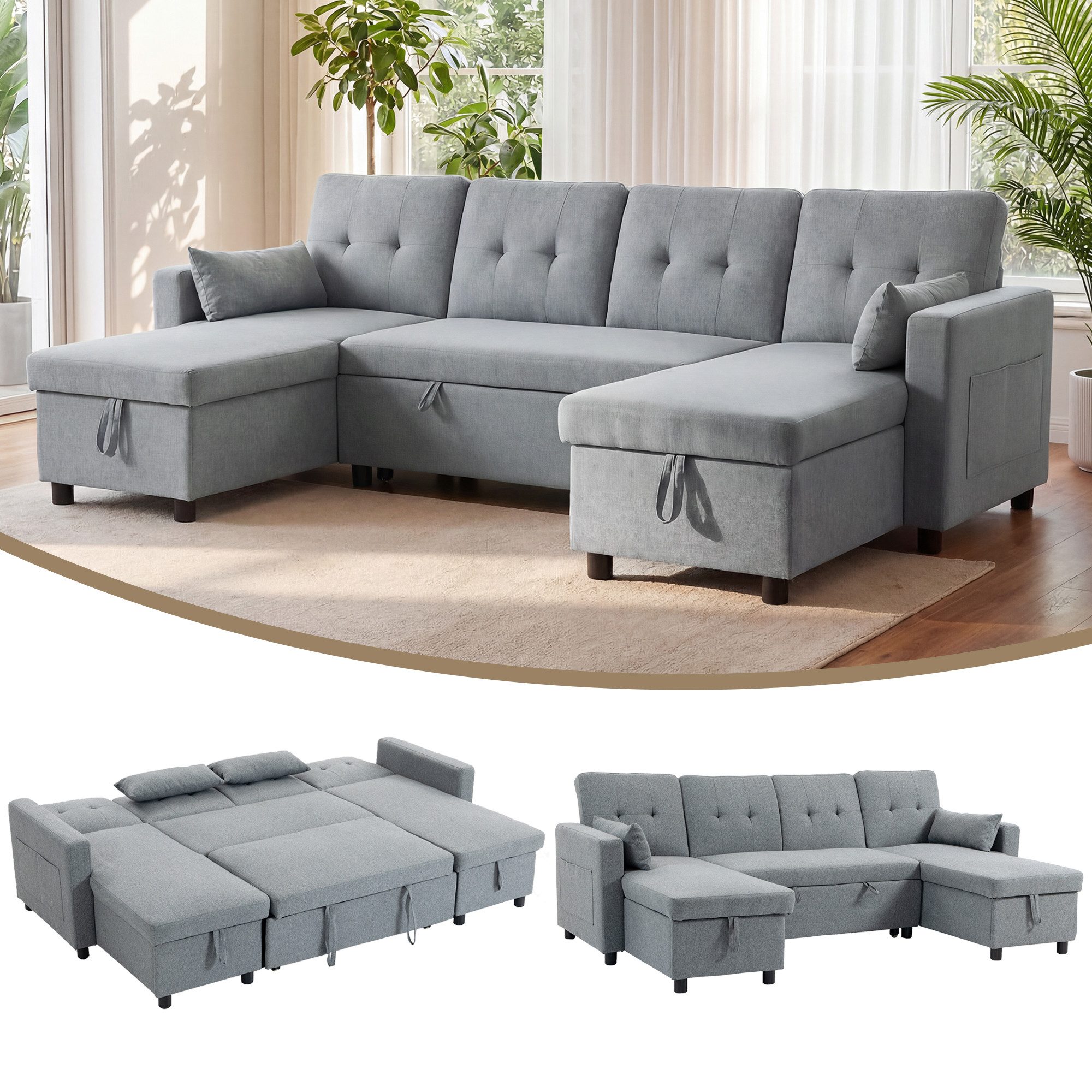 HOMCOM Ecksofa Ausziehbares Schlafsofa Schlafcouch mit Kissen, Eckcouch 1 Teile, 3-fach verstellbare Rückenlehne, Bettkasten, Schlafsofa