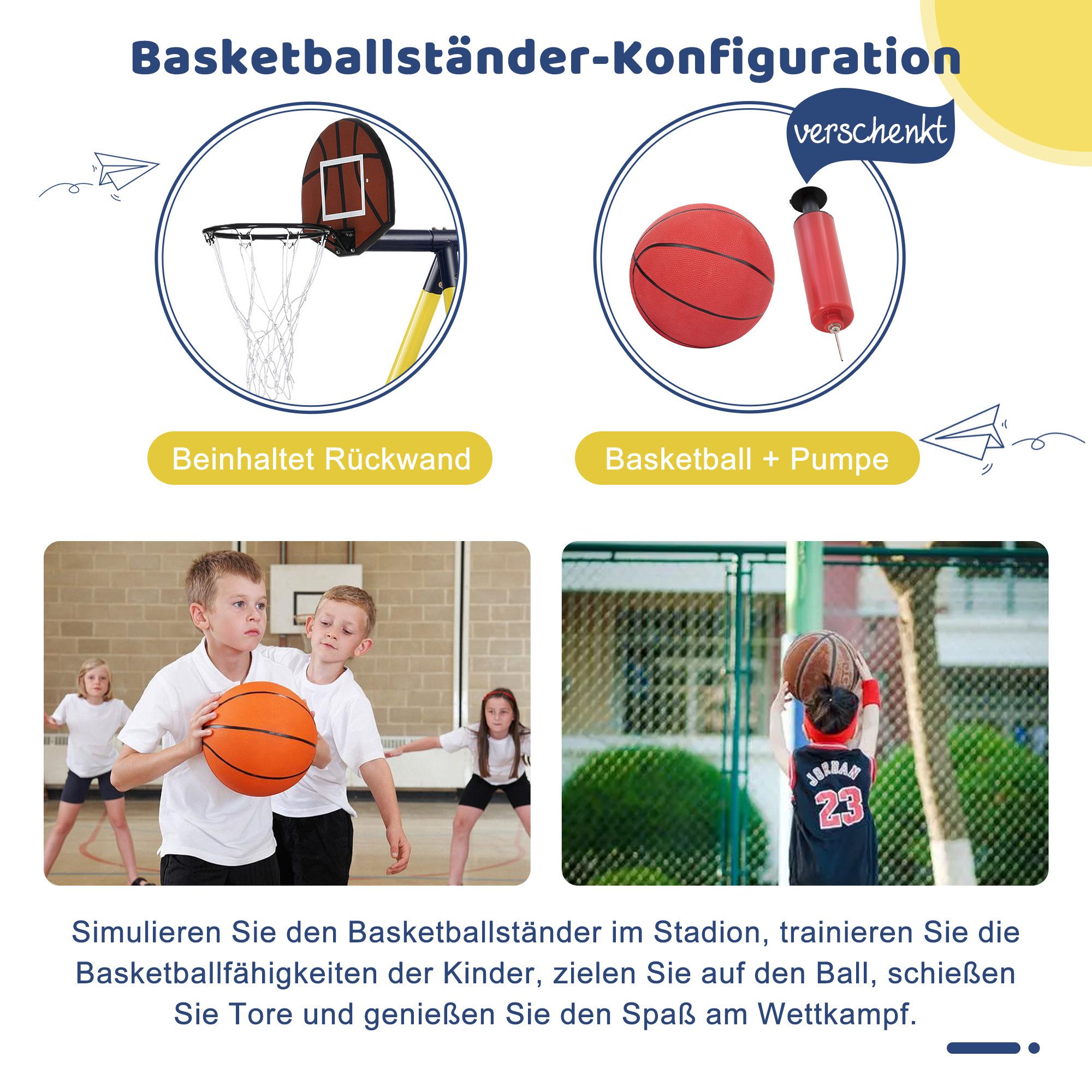 XDeer Doppelschaukel Kinderschaukelset, Nestbaumschaukel aus Kunststoff 3-8 Jahre, Basketball, Basketballständer, Rutsche, Basketballanlage, Gelb