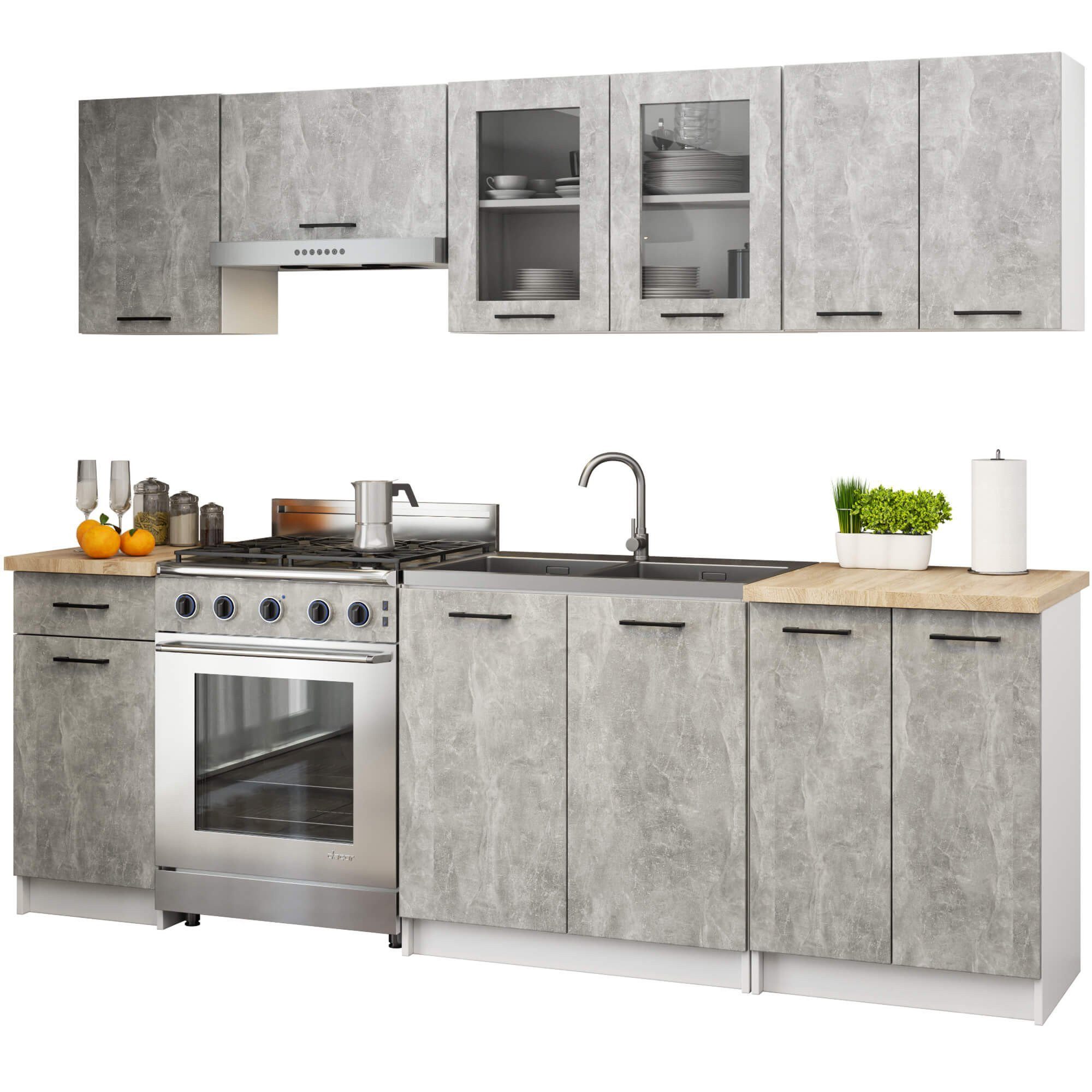 Raumhirsch Furniture Küchenzeile Modularer Küchenblock in Betonoptik - Viel Stauraum - Küchenmöbel, Stylische Küchenzeile mit Hängeschränken & Unterschränken