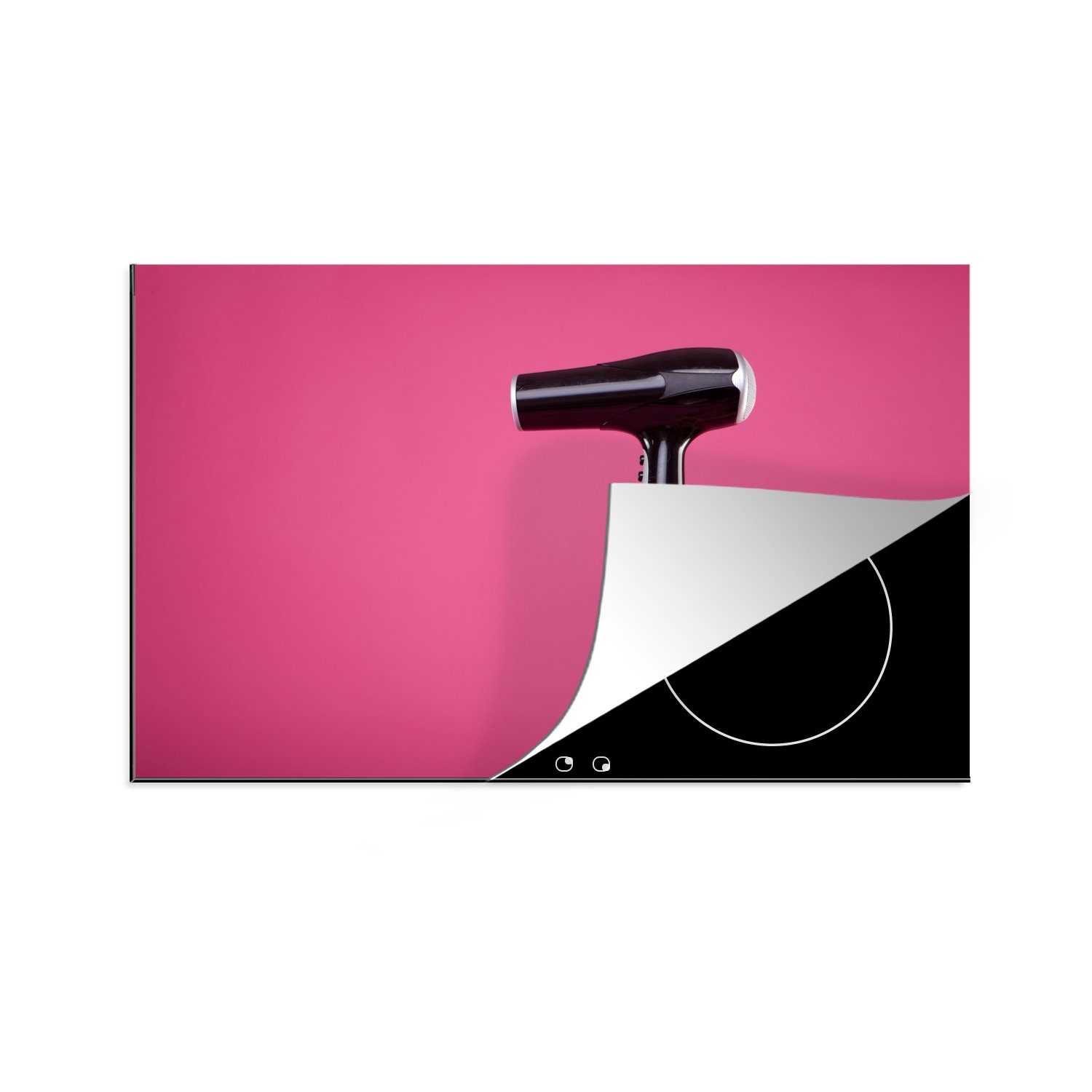 MuchoWow Herdblende-/Abdeckplatte Ein schwarzer Haartrockner auf einem rosa Hintergrund, Vinyl, (1 tlg), 81x52 cm, Induktionskochfeld Schutz für die küche, Ceranfeldabdeckung