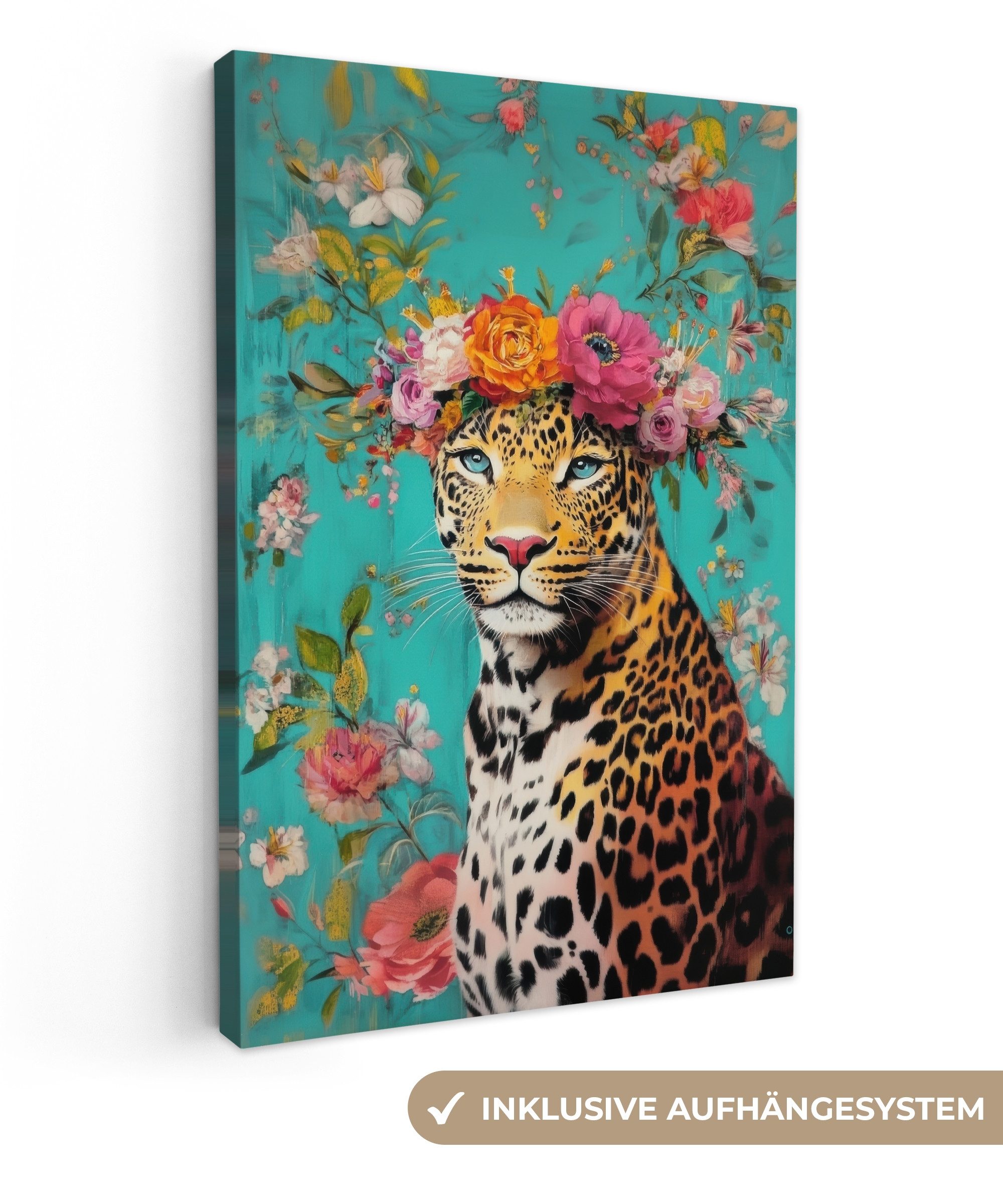 Leinwandbild Leopard - Blumen - Krone