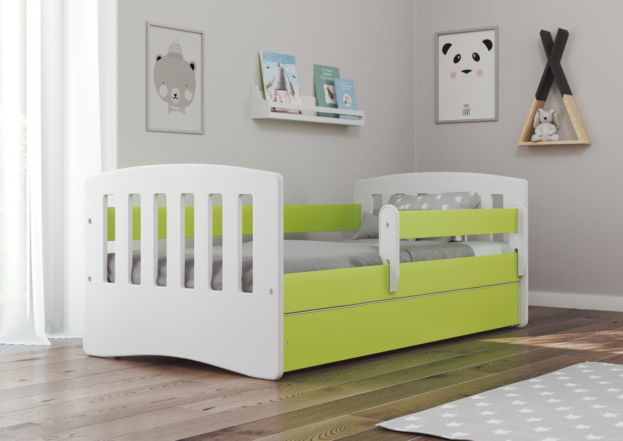 Bjird Kinderbett Classic 80x140cm 80x160cm 80x180cm (mit Rausfallschutz Schublade und Lattenrost), verschieden Farben für Mädchen und Jungen, (optional mit Matratze) grün