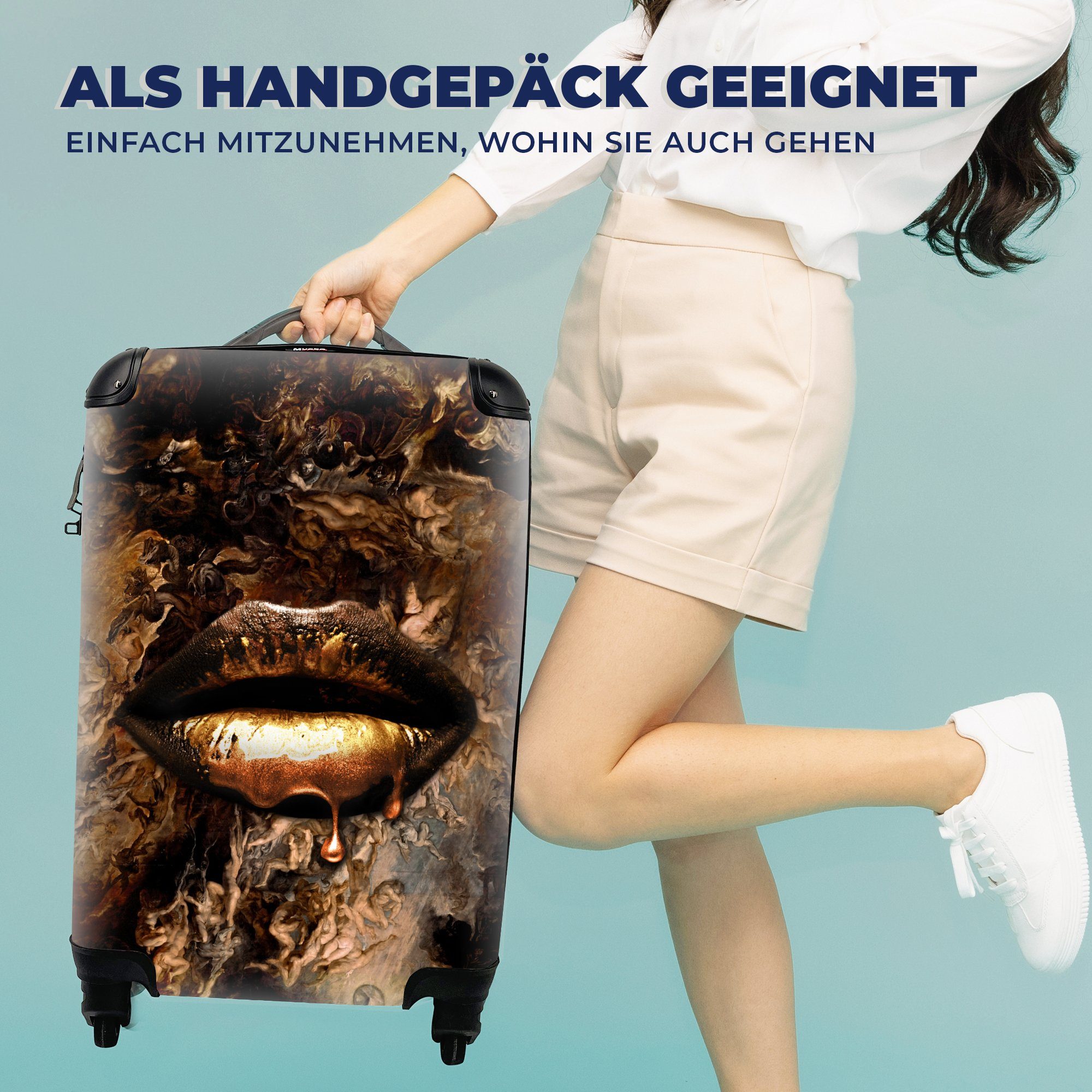 Ferien, Lippen Rollen, - 4 Gold rollen, - Handgepäckkoffer mit Reisekoffer Luxus, Handgepäck MuchoWow für Trolley, Reisetasche