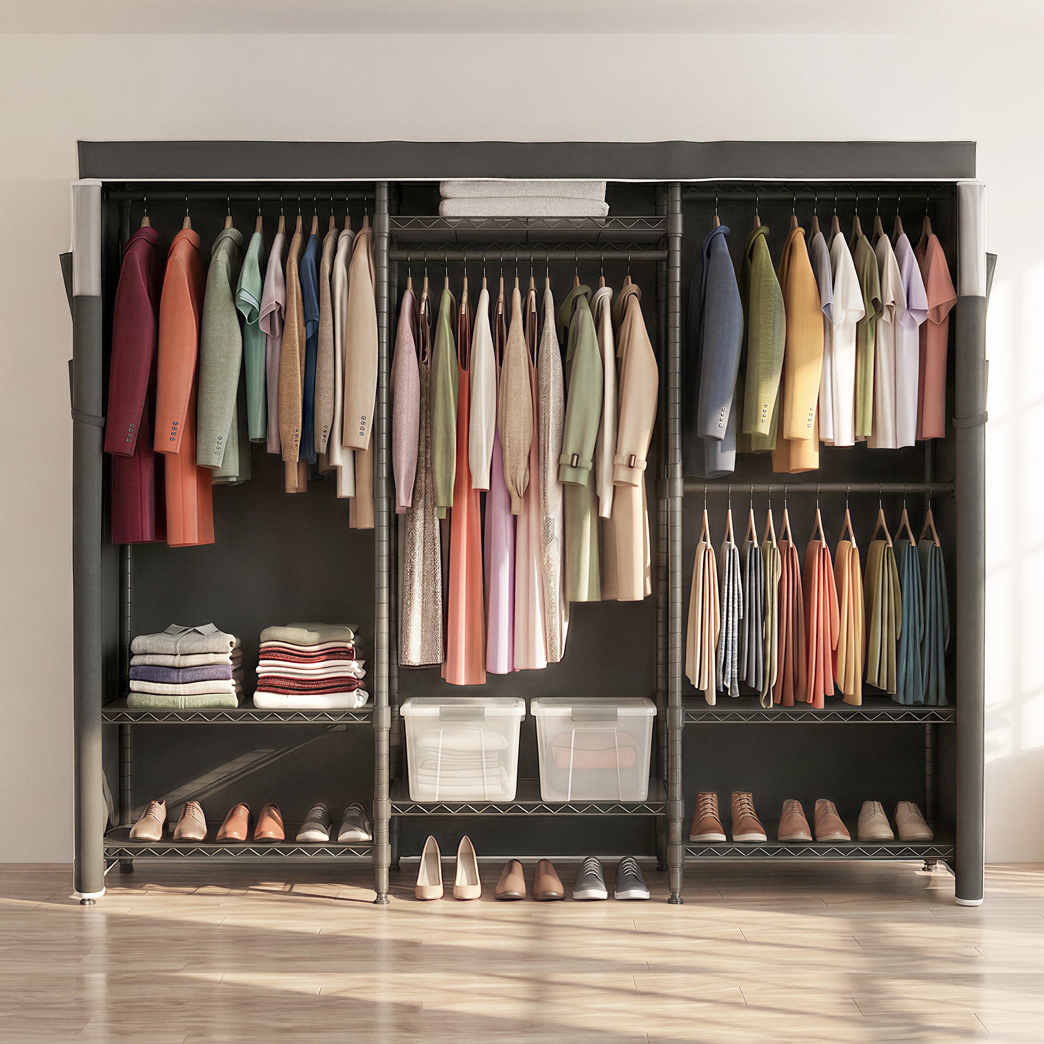Mondeer Kleiderschrank Garderobenständer mit Staubschutzhülle (40 x 175 x 180 cm) mit Sichtfenster, 8 Ablagen, 4 Kleiderstangen, bis 70 kg pro Ebene – Bild 2 von 5