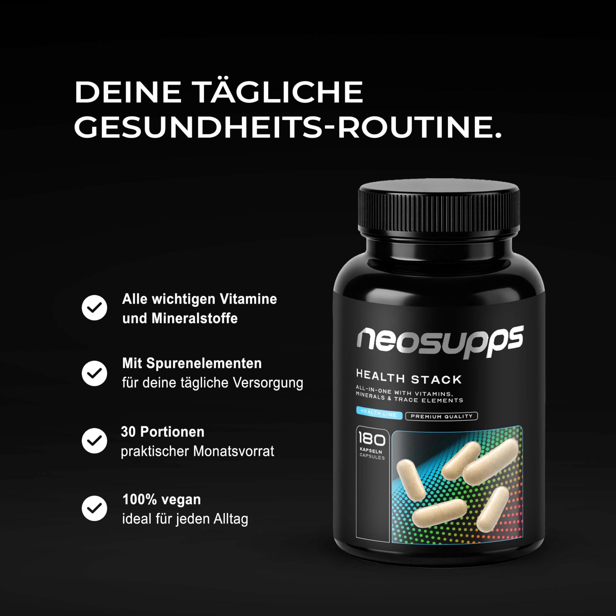 Neosupps Health Stack - All-in-One Nahrungsergänzungsmittel - Made in Germany Kapseln, Vitaminen, Mineralstoffen & Spurenelementen, Made in Germany