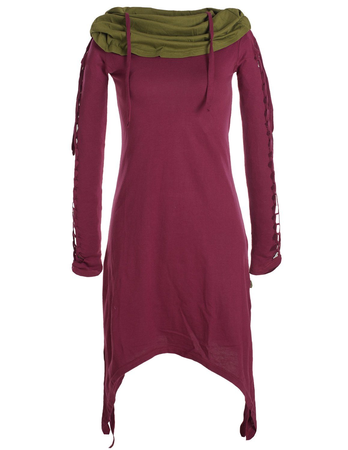 Vishes Zipfelkleid Zweifarbiges langarm Kleid aus Biobaumwolle mit Schalkragen Ethne, Goa, Boho, Elfen Style dunkelrot