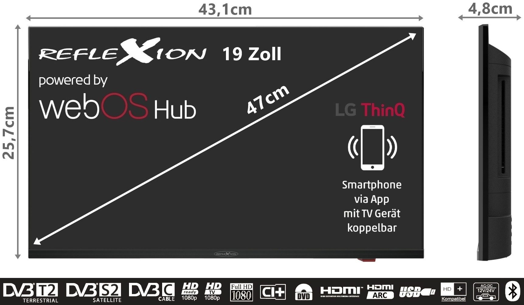 LDDX19IBT-B 47 cm (19") LED-TV mit DVD-Spieler, HD Ready, Smart-TV, DVB-T2/DVB-C/DVB-S2
