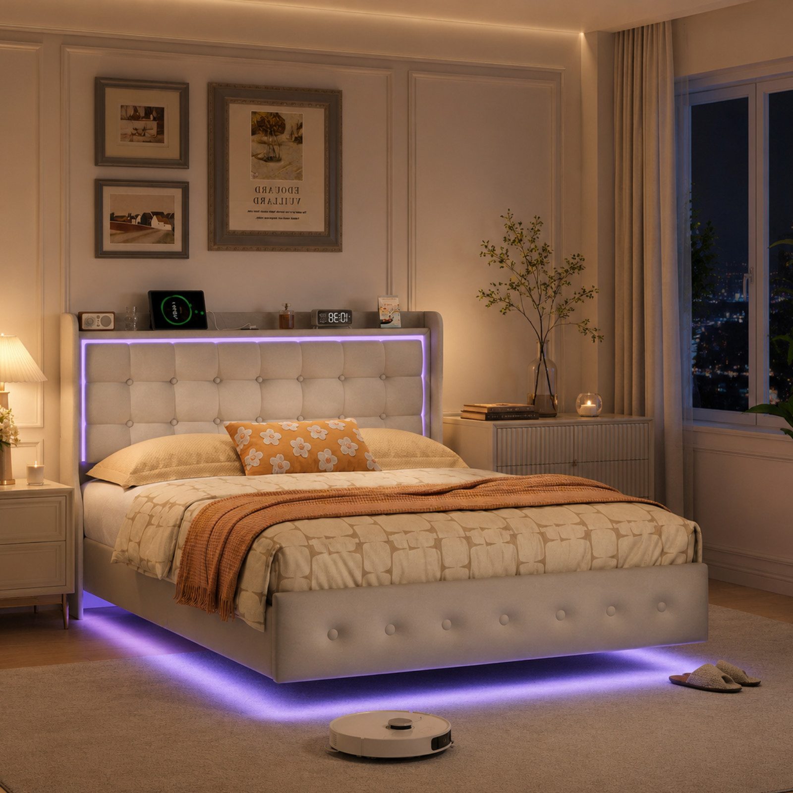 Simurq 160x200 mit LED, Schwebebett Weiß mit USB & Steckdose (Bettgestell inklusive Lattenrost ohne Matratze), Schwebendes Design mit RGB-LED und integrierter Ladefunktion