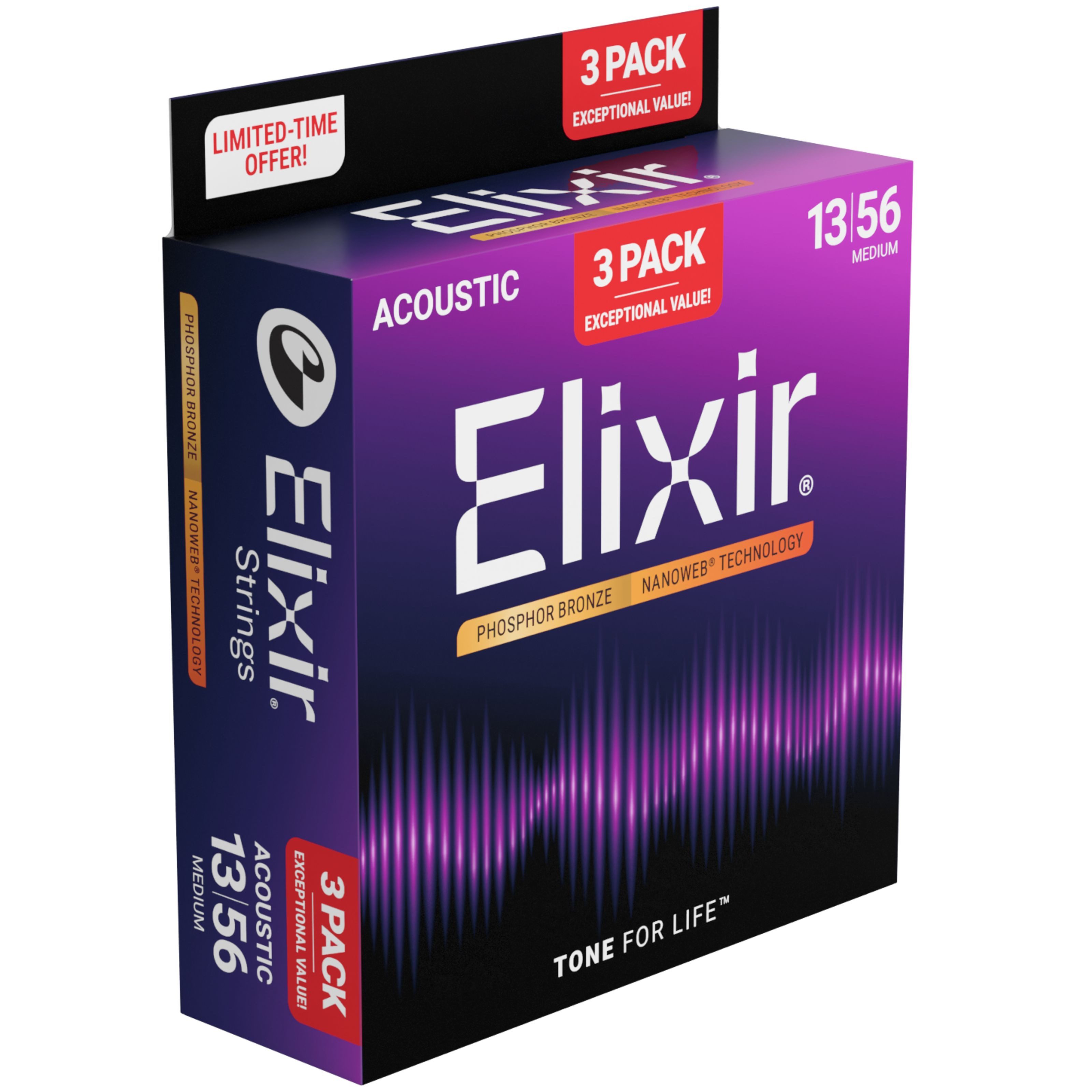 Elixir Saiten, 16570 Nanoweb Acoustic Ph Bronze 13-56 - 3 Pack -