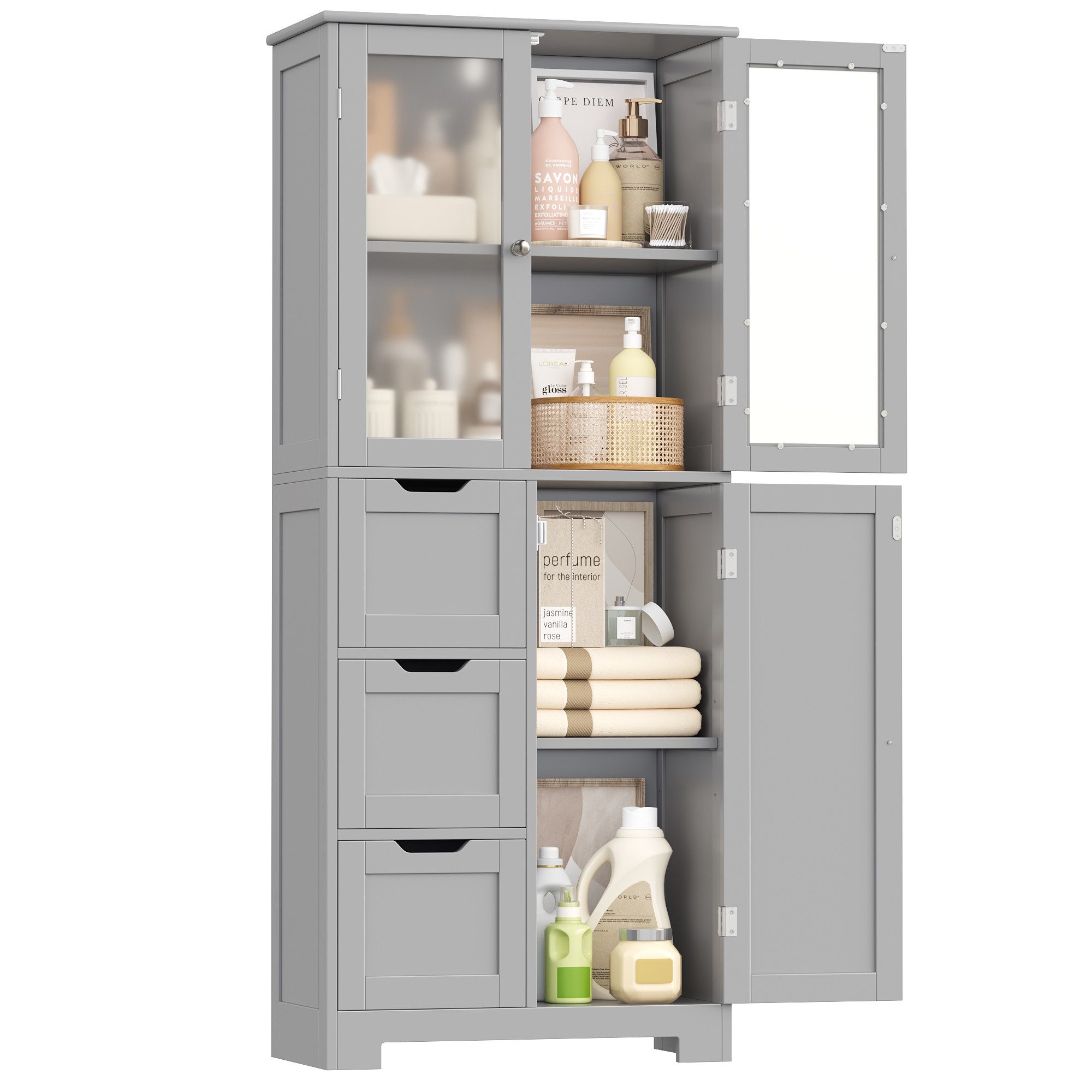 HOMECHO Hochschrank Badezimmerschrank mit 3 Türen und 3 Schubladen