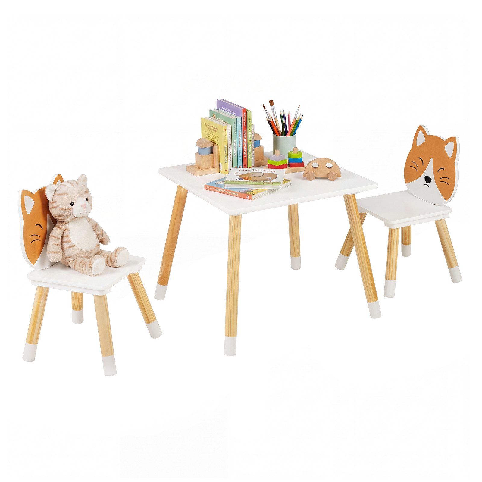 KOMFOTTEU Kindersitzgruppe, (3-tlg), Kindertisch mit 2 Stühlen, Kätzchenmuster
