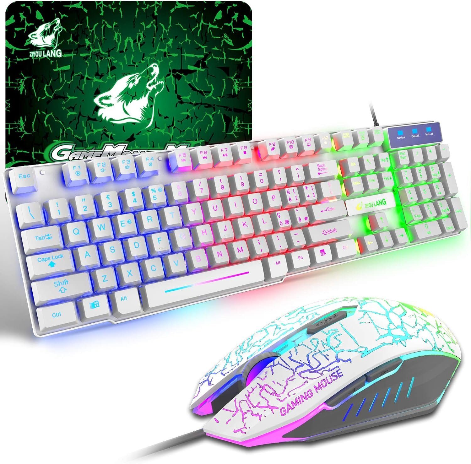 ZIYOU LANG Gaming Tastatur Und Maus Set, Italienisches Layout QWERTY Regenbogen Tastatur- und Maus-Set, Ergonomische Keyboard 6 Tasten 2400 DPI Maus Kompatibel mit PS4 Xbox