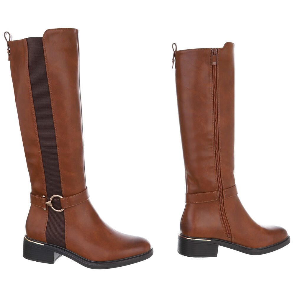 Ital-Design Elegante Damen-Stiefel mit elastischen Einsätzen und Komfort Stiefel (90169456) Blockabsatz Flache Stiefel in Camel