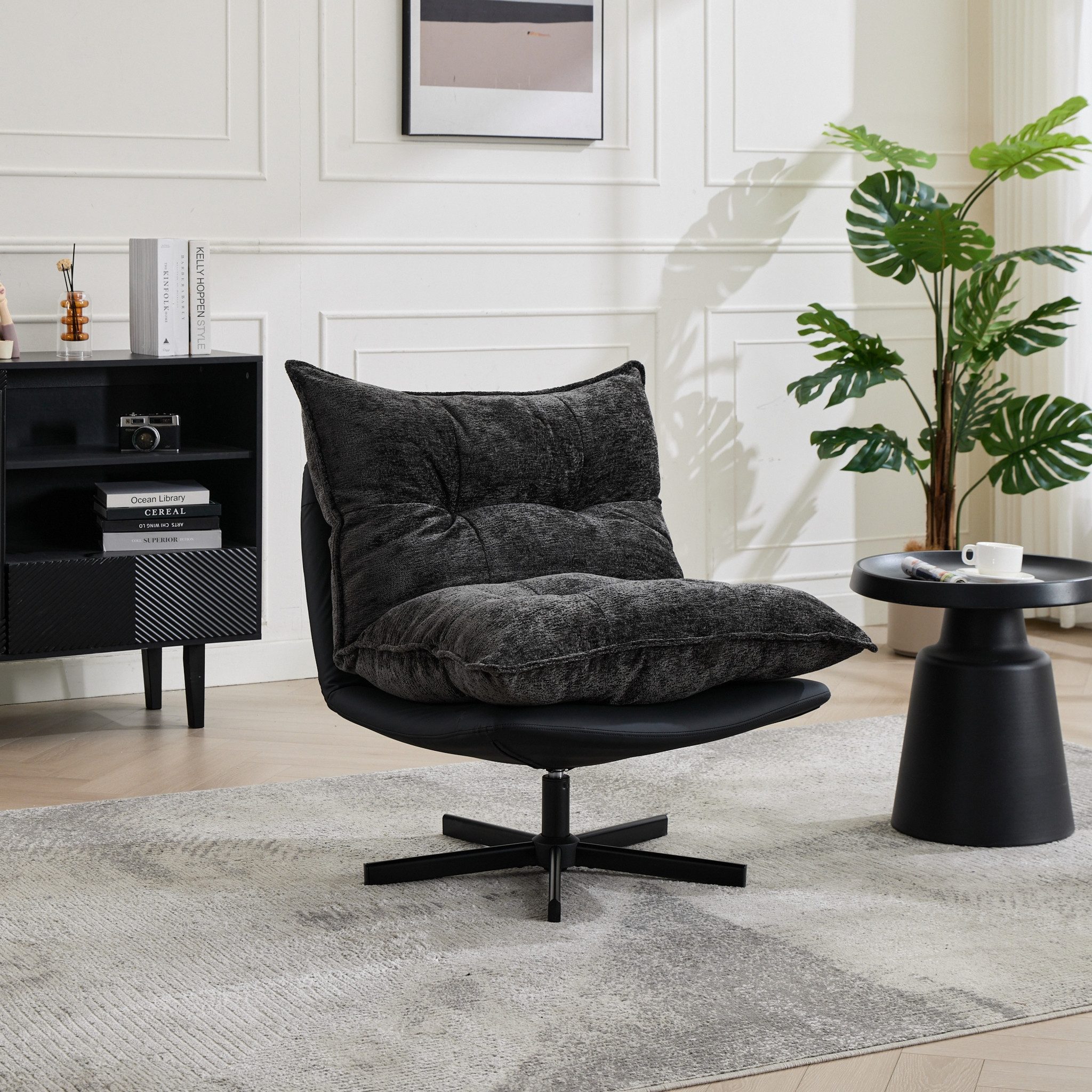 MC Star Relaxsessel Drehbarer Relaxsessel mit 3Fach verstellbarer Rückenlehne(95°110°125) (Schwarze Metallbeine, Cat-Scratch-Kunstleder, Chenille-Bezug & Memory-Foam-Füllung, 360°-Schwenkfunktion in dunkelgrau)