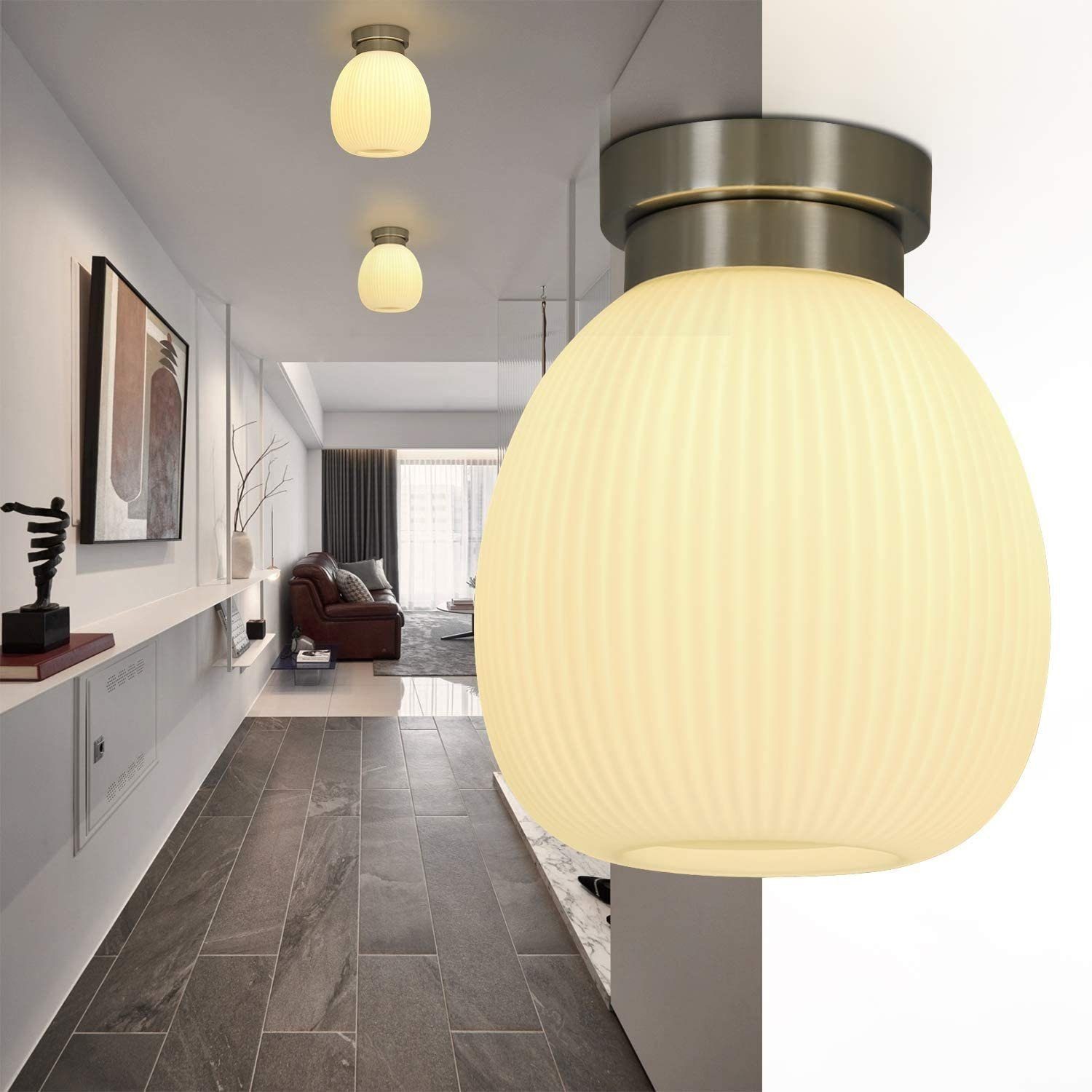 Nettlife Deckenleuchte E27 Glas Weiß Schlafzimmerlampe Moderne Flur Lampe,  LED wechselbar