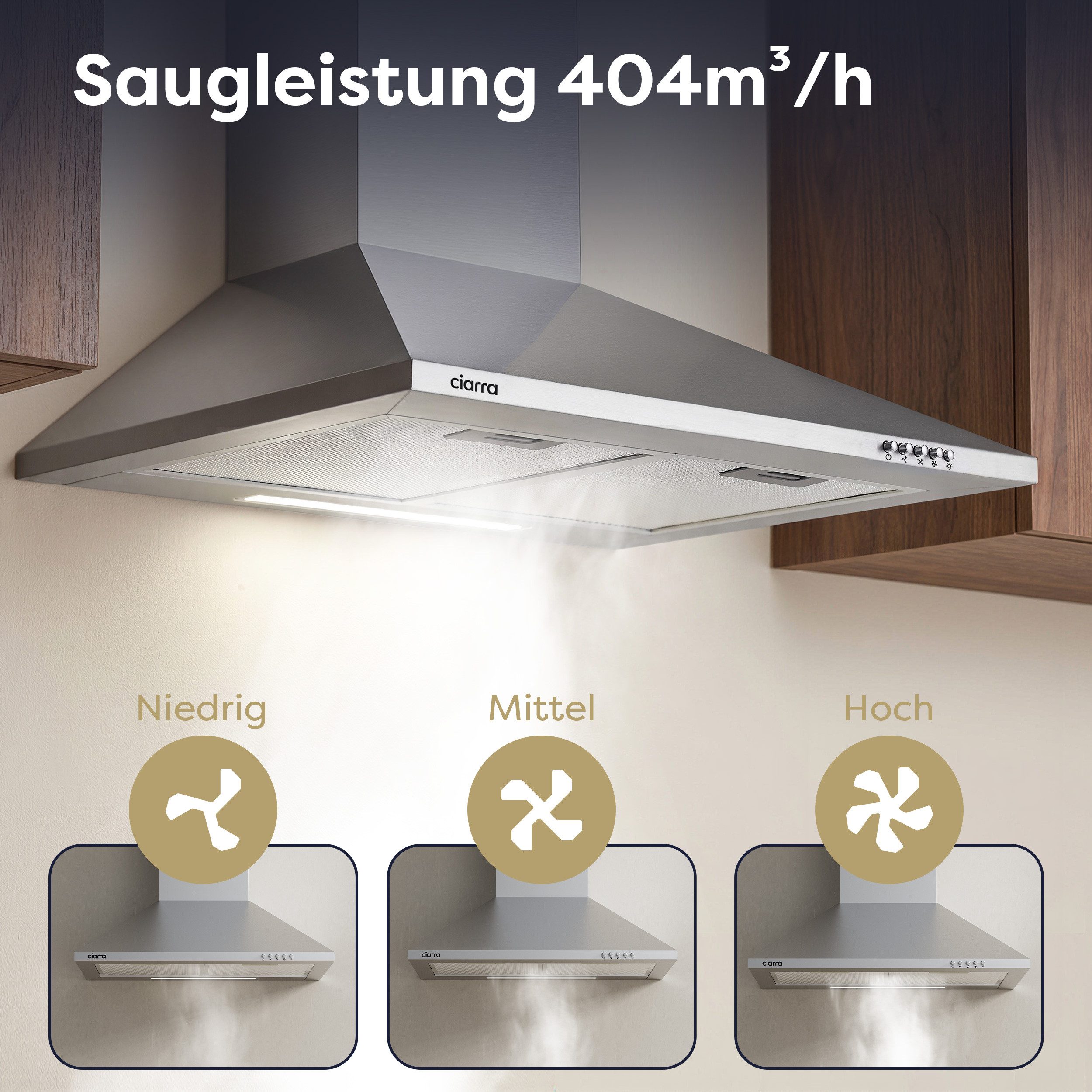CIARRA Wandhaube 60 cm & 90 cm Dunstabzugshaube A++ 406 m³/h Umluft & Abluft 3 Stufen Serie CBCS6201 Dunstabzugshaube 60 cm A++ 404 m³/h Umluft & Abluft 3 Stufe – Bild 4 von 5