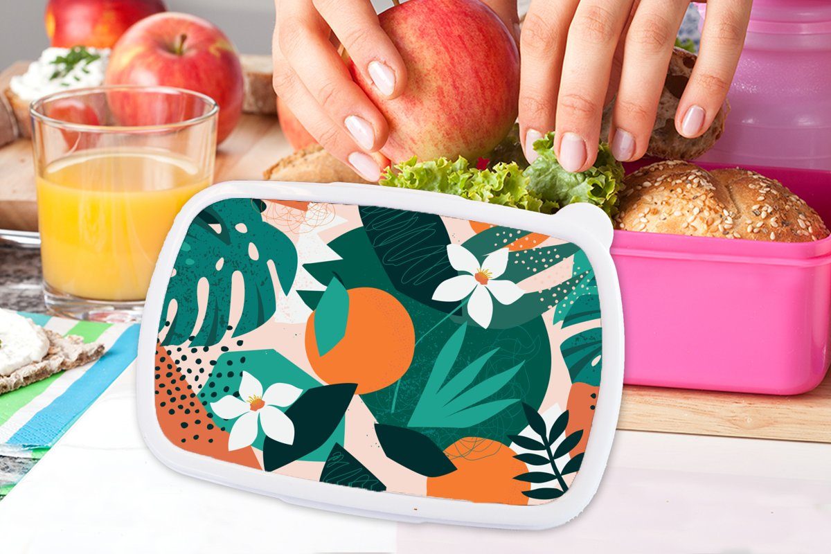 - für Lunchbox Blumen Kinder, Obst rosa Brotdose Brotbox Kunststoff, Mädchen, (2-tlg), MuchoWow Erwachsene, Snackbox, Dschungel, Kunststoff -