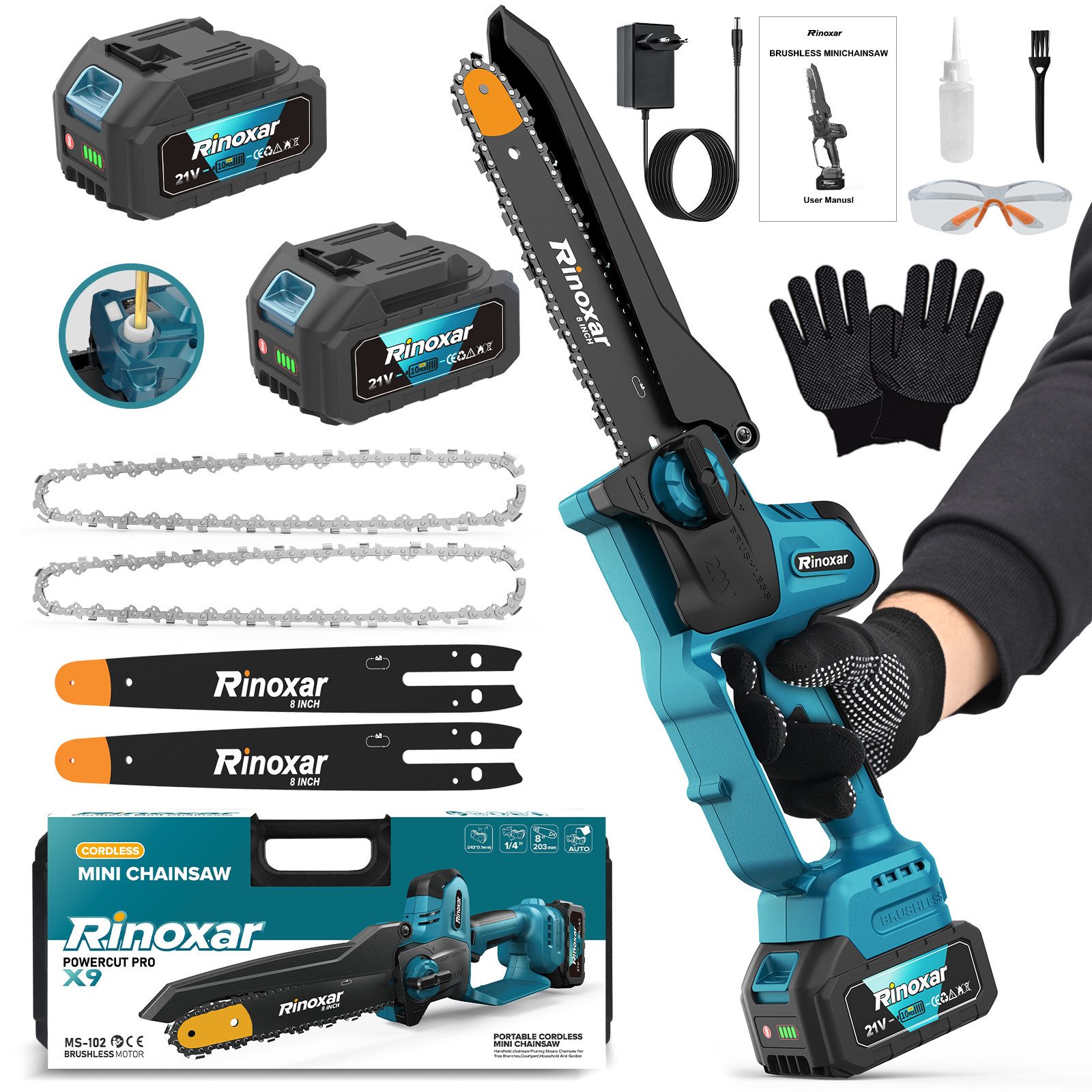 Rinoxar Akku-Kettensäge 6''/8''/12'' Elektro-Kettensäge, 1300W Bürstenloser Handkettensäge, 2*4000mAh Akku, Bürstenlosem Motor, für Gartenarbeit, Holzschneidenz