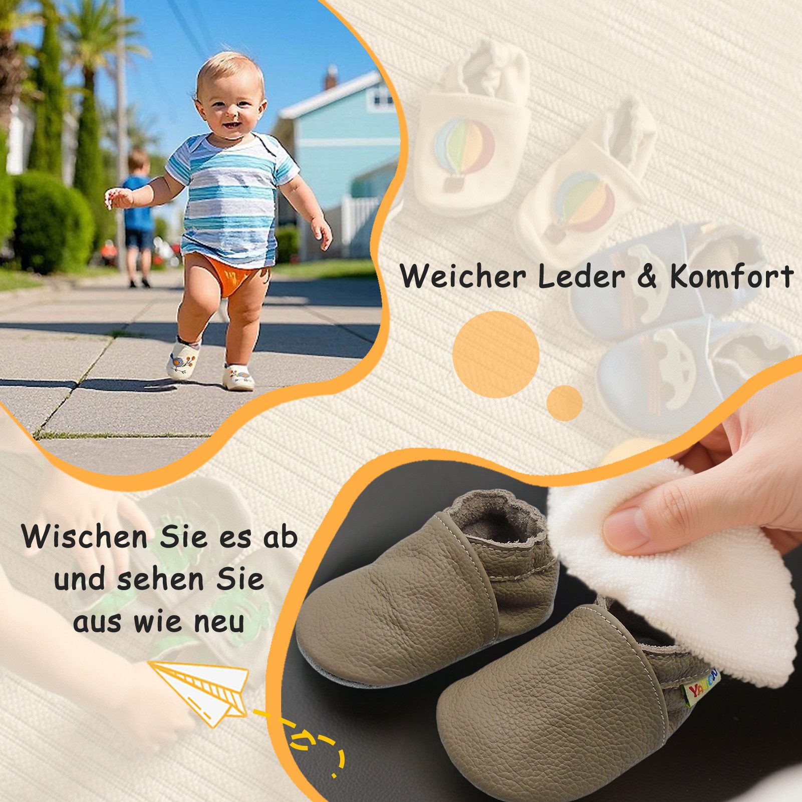 Yalion Yalion Baby Leder Lauflernschuhe Weiche Lederpuschen Taupe, Rutschfest Krabbelschuh