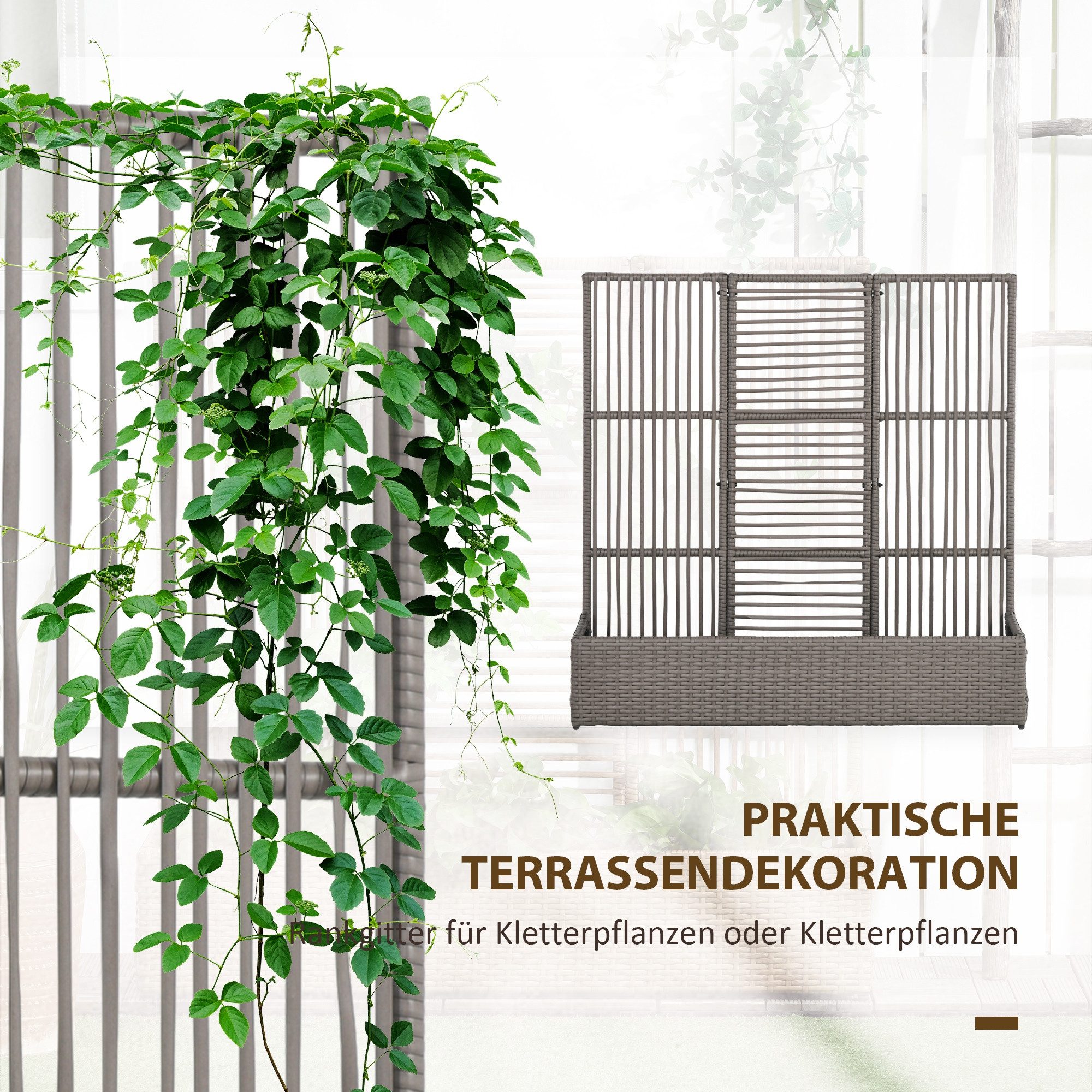 Outsunny Hochbeet Hochbeet mit Rankgitter in Rattan-Optik Blumenbeet für Balkon (Blumenkasten, 1 St., Pflanzkasten), für Garten, Balkon, 103 x 29 x 103 cm Grau – Bild 4 von 5