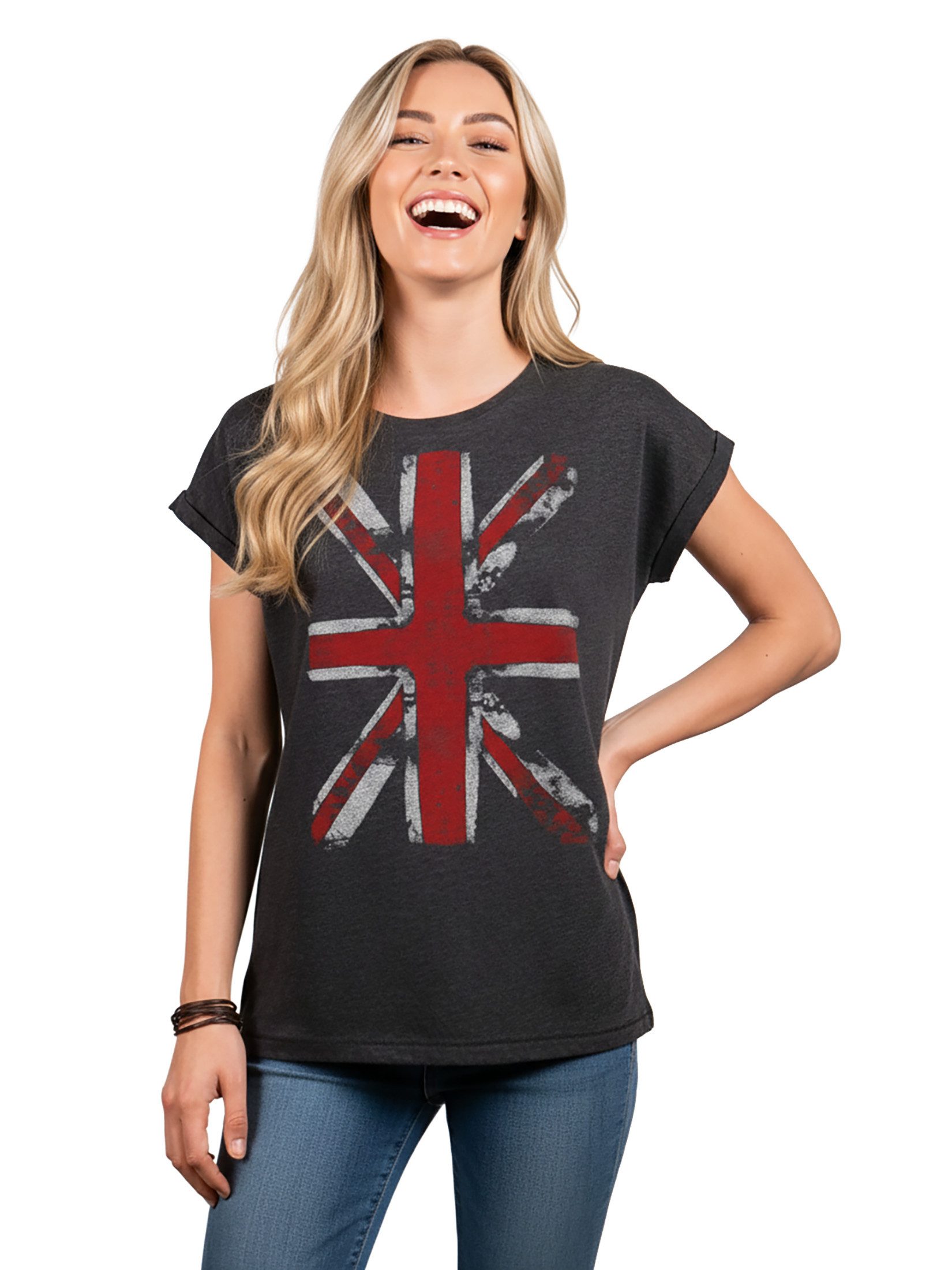 MAKAYA Print-Shirt Damen Top mit Union Jack Fahne - UK Flagge Großbritannien England (Vintage Aufdruck, schwarz, blau, grau) große Größen