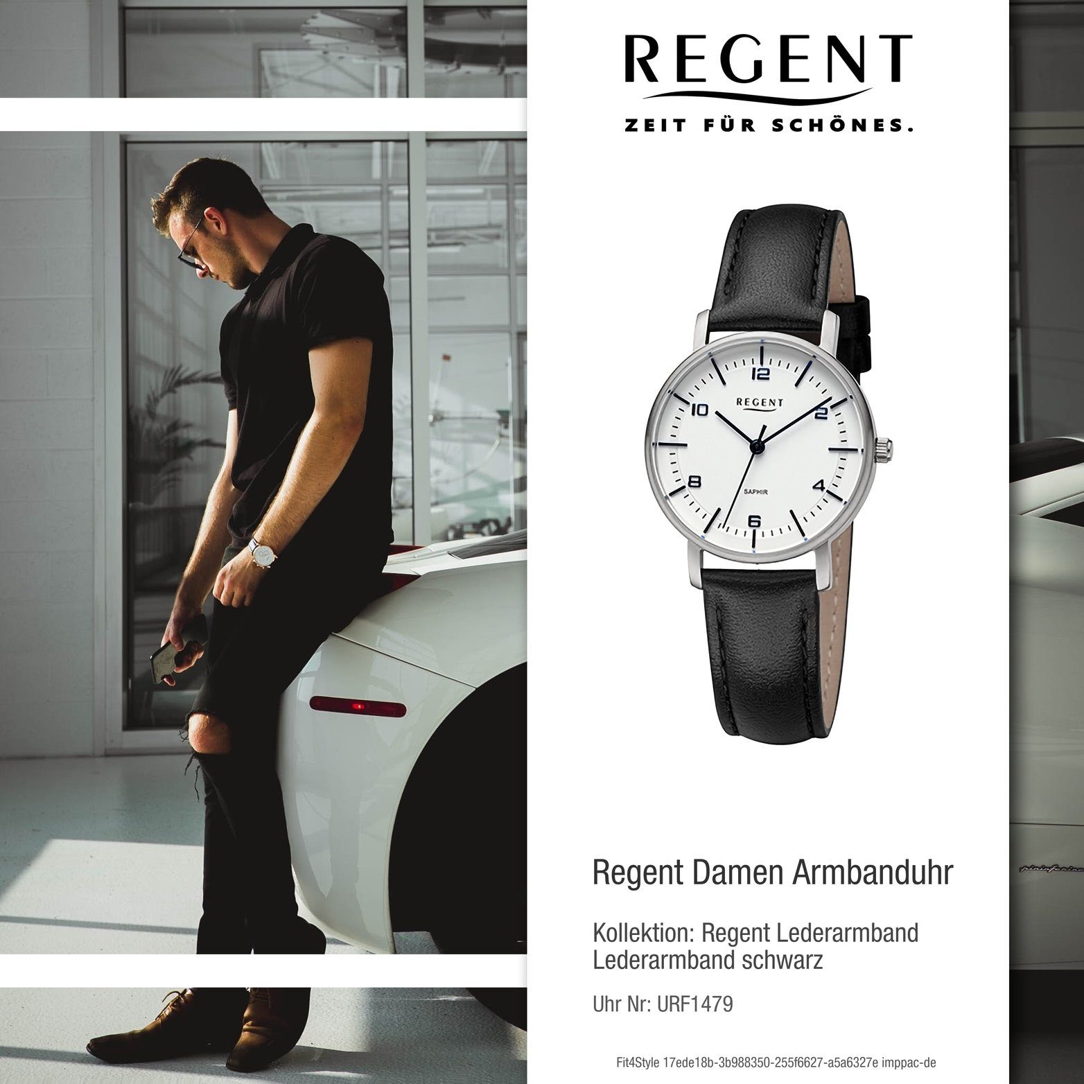 Regent Damenuhr rundes schwarz, Analog, groß extra Armbanduhr Damen 32mm) Regent Lederarmband Quarzuhr Gehäuse, (ca.