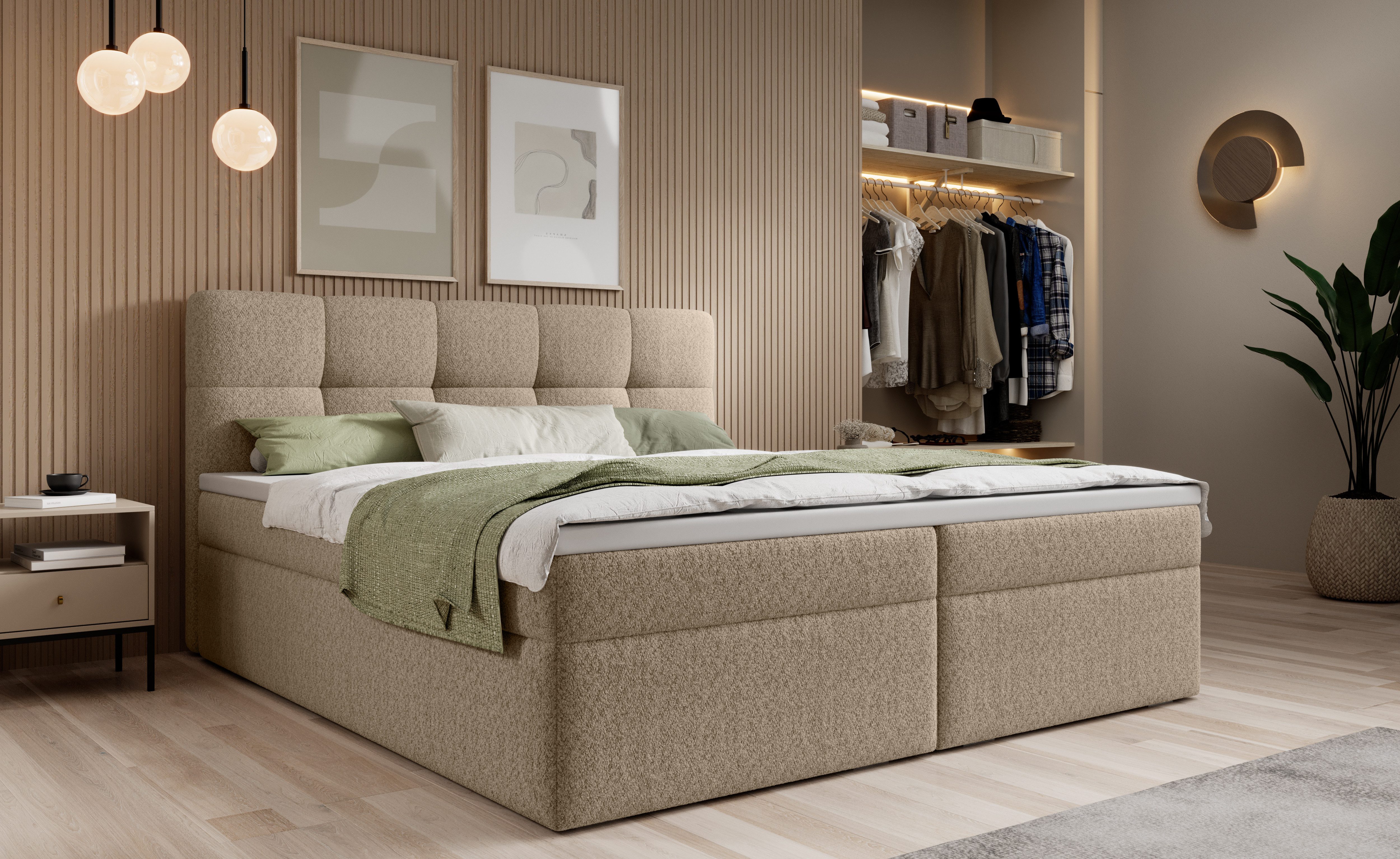thematys Boxspringbett mit Bettkasten 140x200–200x200 cm – Velours oder Bouclé Bezug – (Boxbett - Luxus Doppelbett mit Stauraum, Boxbett - Luxus Doppelbett mit Stauraum)