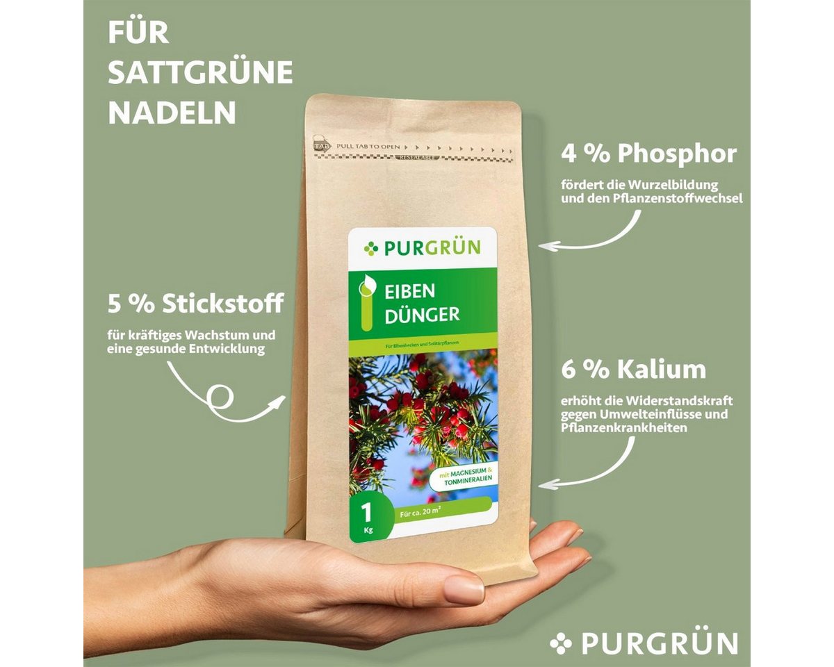 Thumbnail - Purgrün Gartendünger Purgrün Eibendünger, NPK 5+4+6, Magnesium für grüne Nadeln, 1 kg, Krümelgranulat, Extra Kalium für ...