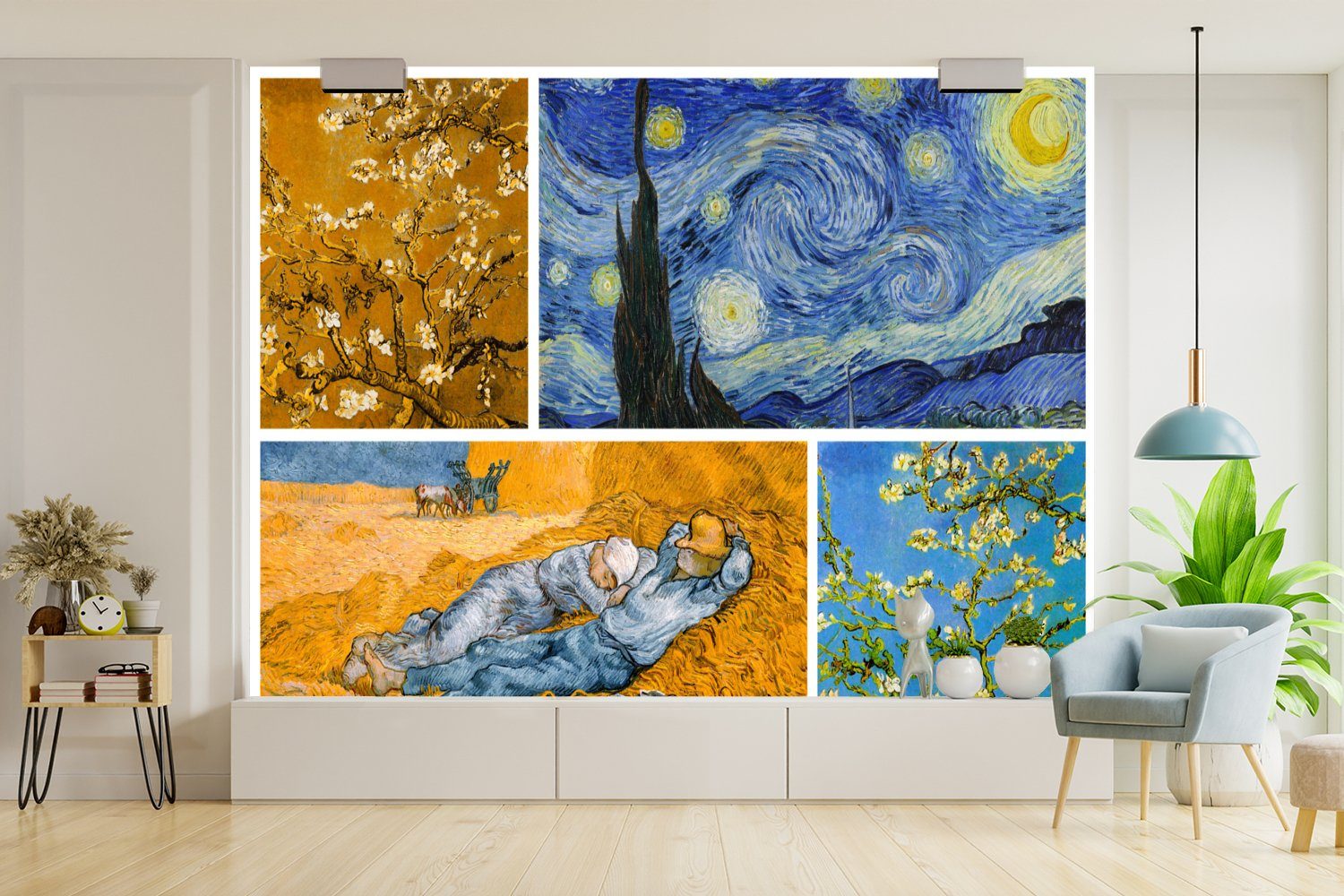 für Gogh (6 Fototapete Vinyl MuchoWow St), Wallpaper Kinderzimmer, - Wohnzimmer, Van Kunst, Matt, Tapete Schlafzimmer, - Collage bedruckt,