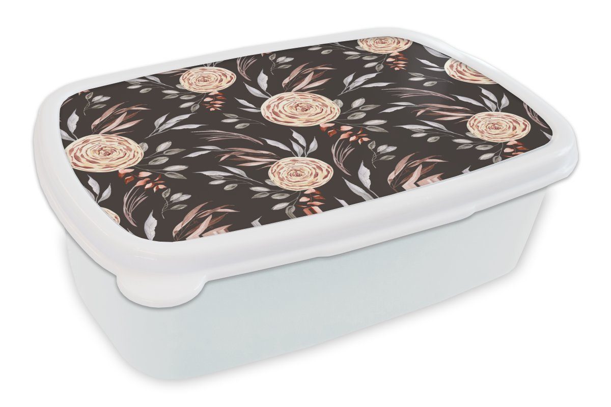 MuchoWow Lunchbox Rosen - Natur - Braun, Kunststoff, (2-tlg), Brotbox für Kinder und Erwachsene, Brotdose, für Jungs und Mädchen weiß