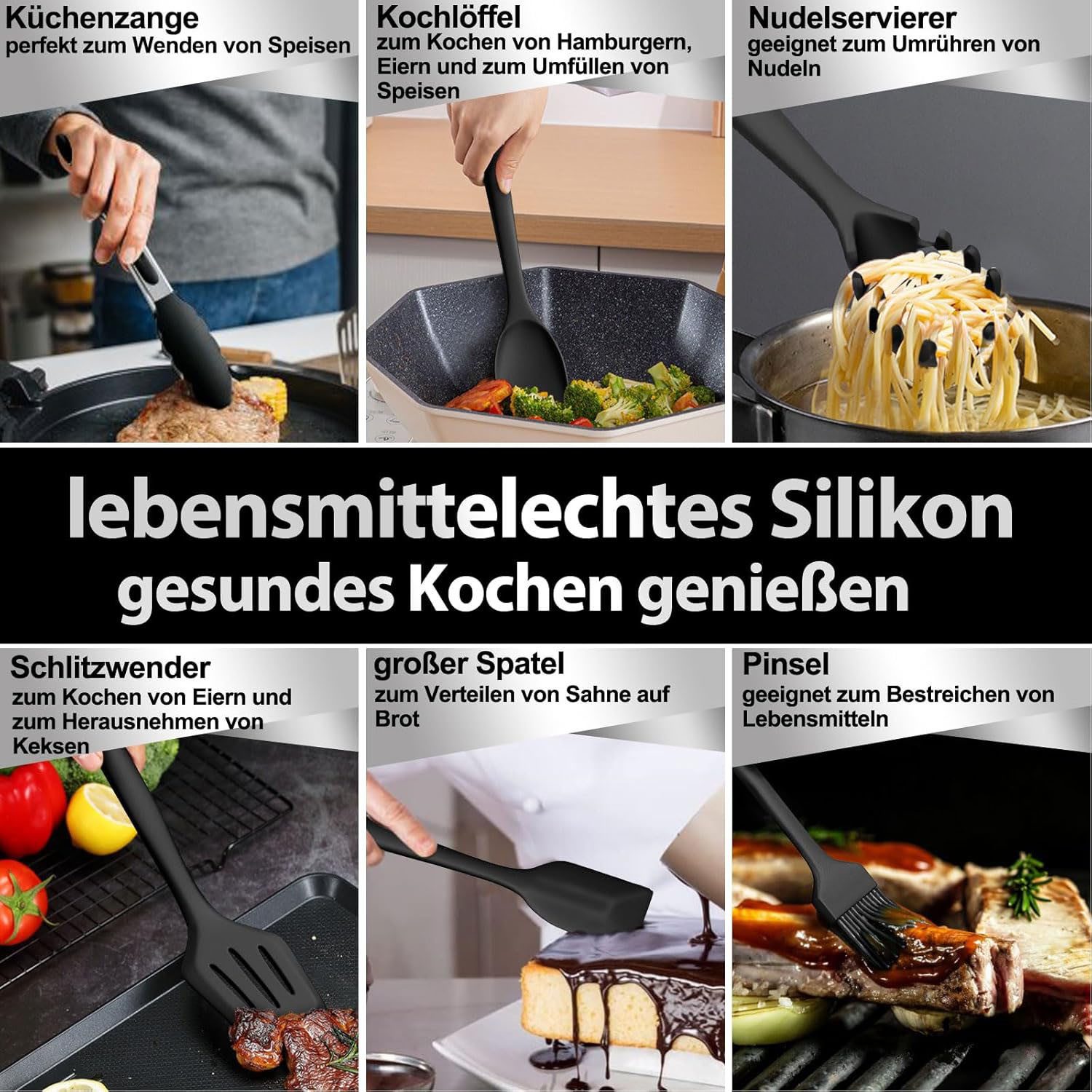 HEYHIPPO Küchenorganizer-Set Silikon Küchenutensilien Set 32-tlg.hitzebeständig & spülmaschinenfest, (Inklusive Löffel, Spatel, Siebe, Schneebesen usw, Küchensp – Bild 5 von 5