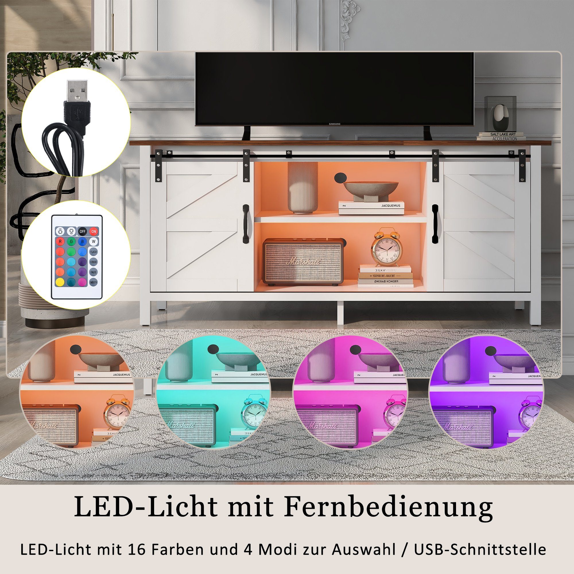 Stand Schiebetür 16 Sideboard TV LED Farben einstellbar Regale Weiss Odikalo TV-Schrank 2