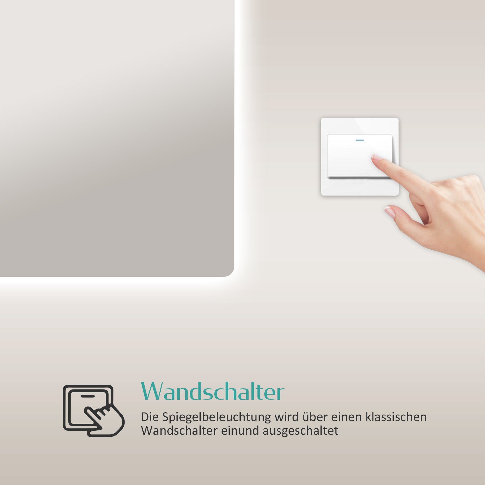 EMKE Badspiegel mit LED Beleuchtung Badezimmerspiegel rahmenlos (Vertikal und Horizontal möglich), Wandschalter, Kaltweißes Licht 6500K 70-80cm IP44