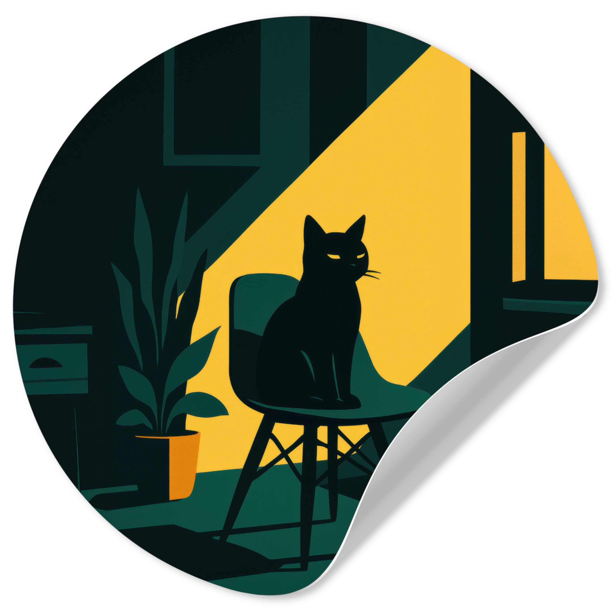 MuchoWow Wandsticker Schwarze Katze - Geheimnisvoll - Gelbe Tranche (1 St), Selbstklebende Runde Vliestapete, Wohnzimmer, 140x140 cm