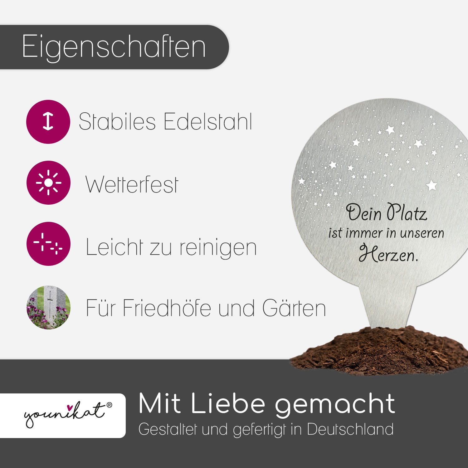 younikat Dekofigur Grabstecker aus Edelstahl I Grabschmuck Rund 16 cm I you0079