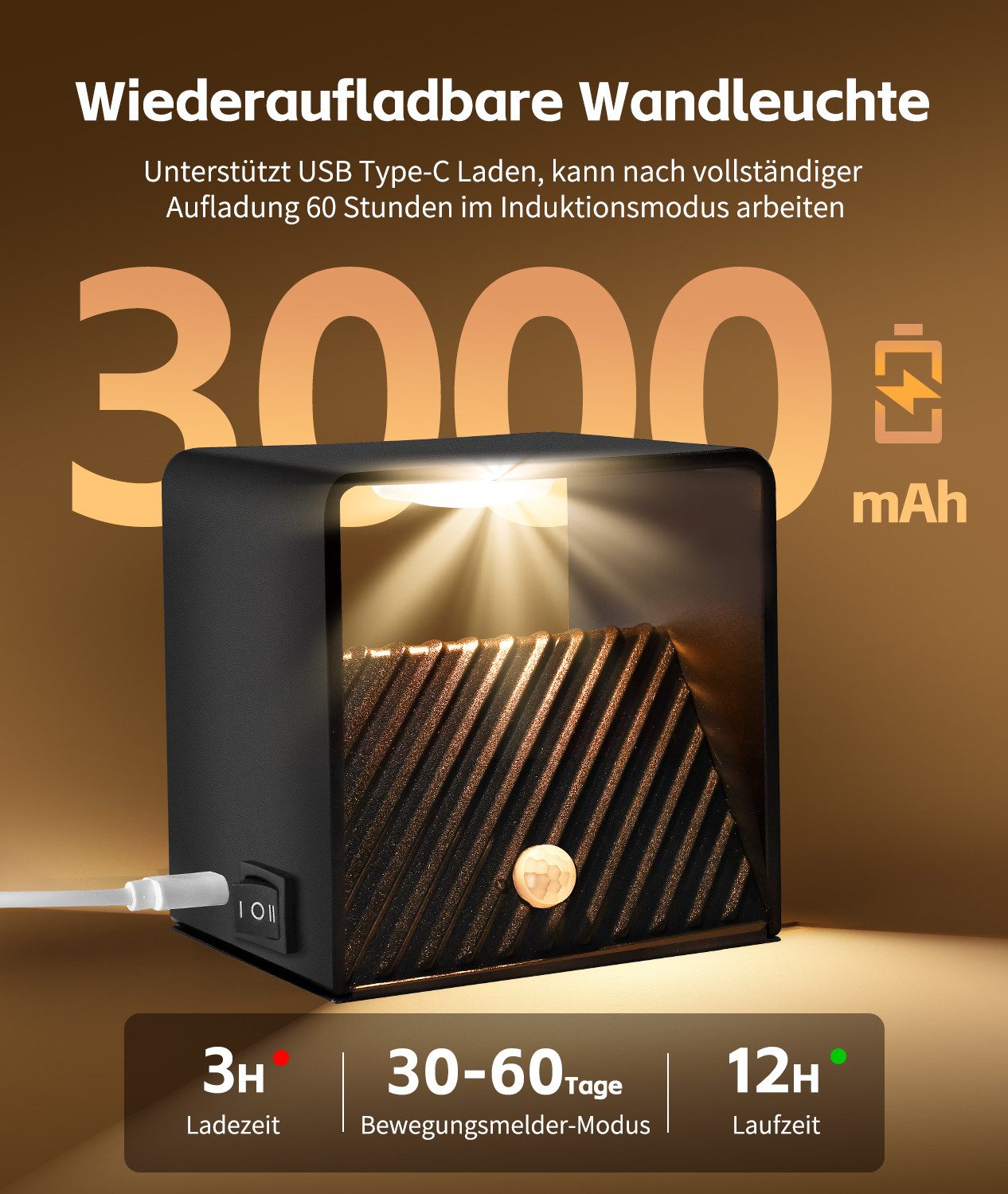 GeyouLux Wandleuchte mit 3000mAh Akku & Bewegungsmelder, 5W 3 Modi 3000K, LED fest integriert, Warmlicht, 2 Stück Aufladbare Wandleuchte Innen