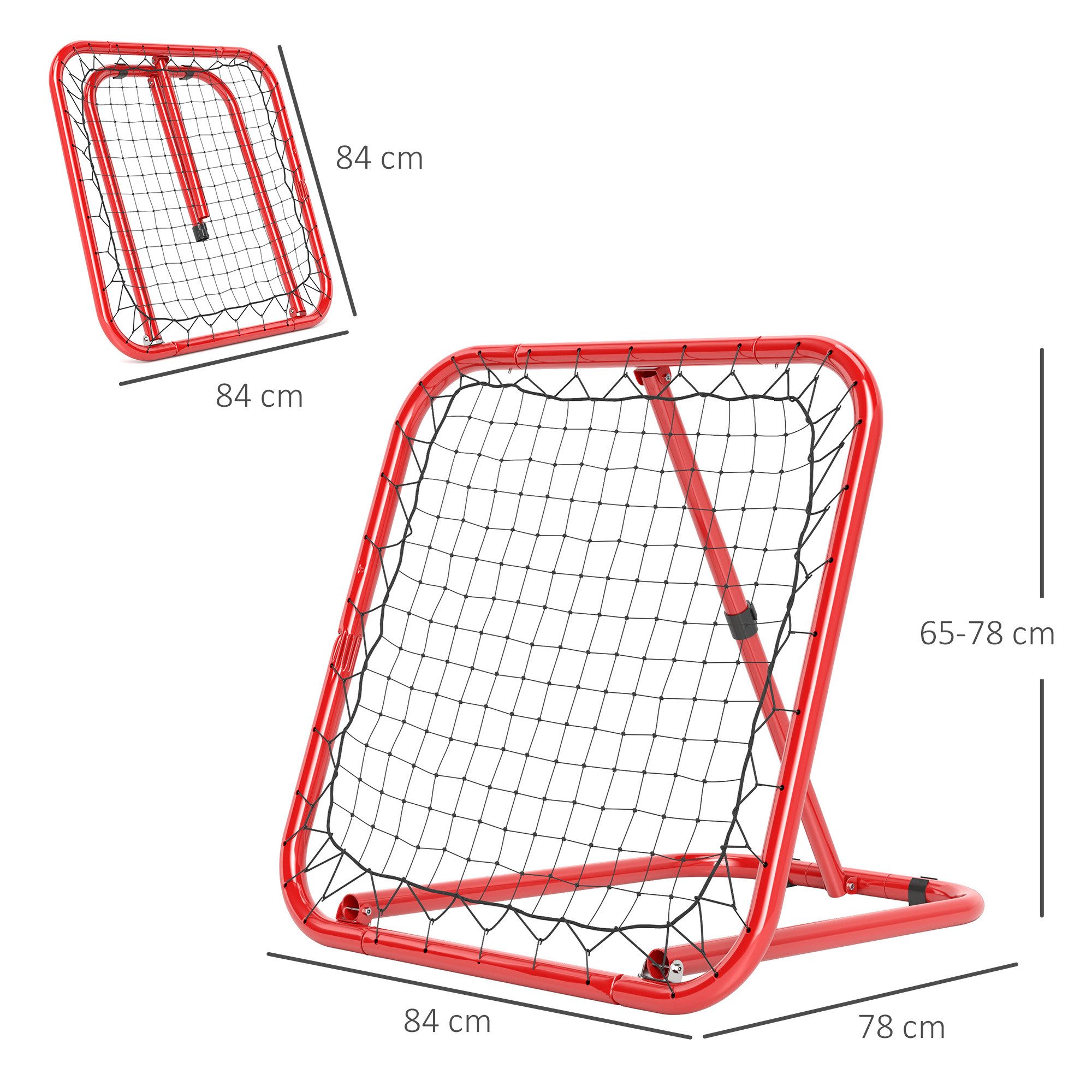 HOMCOM Rebounder Fußball Prellwand 78x84 cm mit Heringen, tragbar, Rot, (Rückprallwand Netz, 1-St., Kickback Tor), für Baseball Basketball Verstellbar in 5 Stufen Metall
