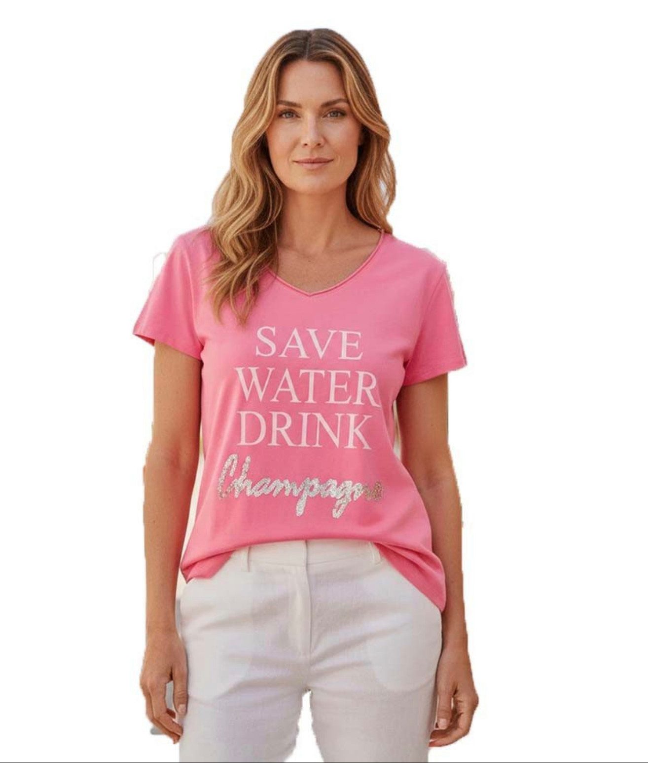 Miss Goodlife T-Shirt Miss Goodlife MG13836 V-Neck Save Water Drink Champagne - Rosa