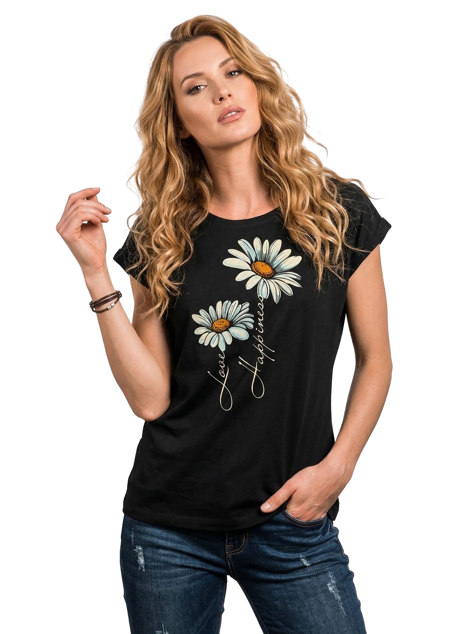 MAKAYA Print-Shirt Damen Kurzarm Top Blumen Gänseblümchen floral Blumenmuster Blümchenprint