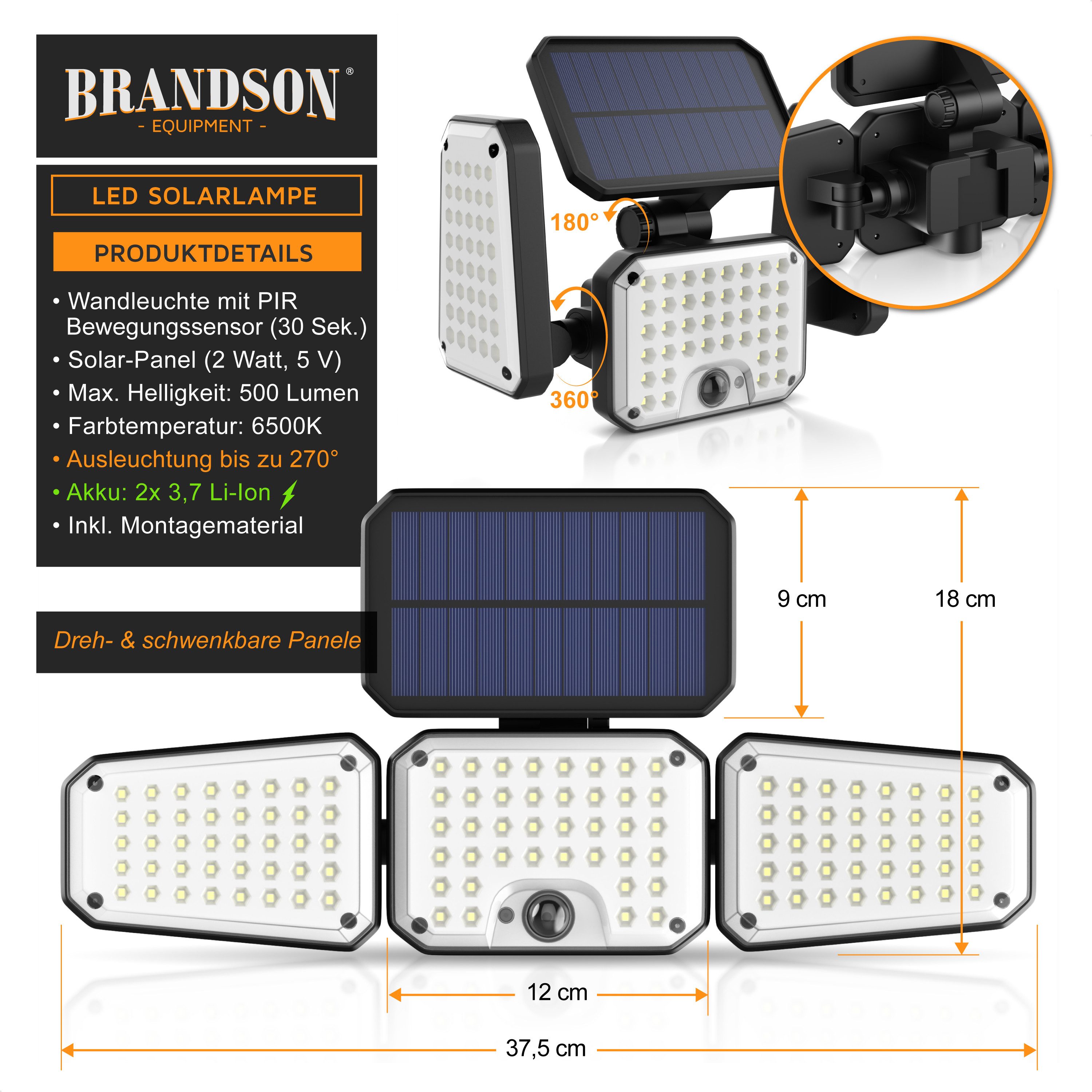 Brandson LED Solarleuchte Solar Sicherheits-/Außenlampe, 120 LEDs, PIR-Sensor, 500 Lumen, 6500K, Ein-/Ausschalter, LED fest integriert, Kaltweiß, 2400 mAh Akku, 270° Licht, dreh/schwenkbar, wetterfest, Außenstrahler
