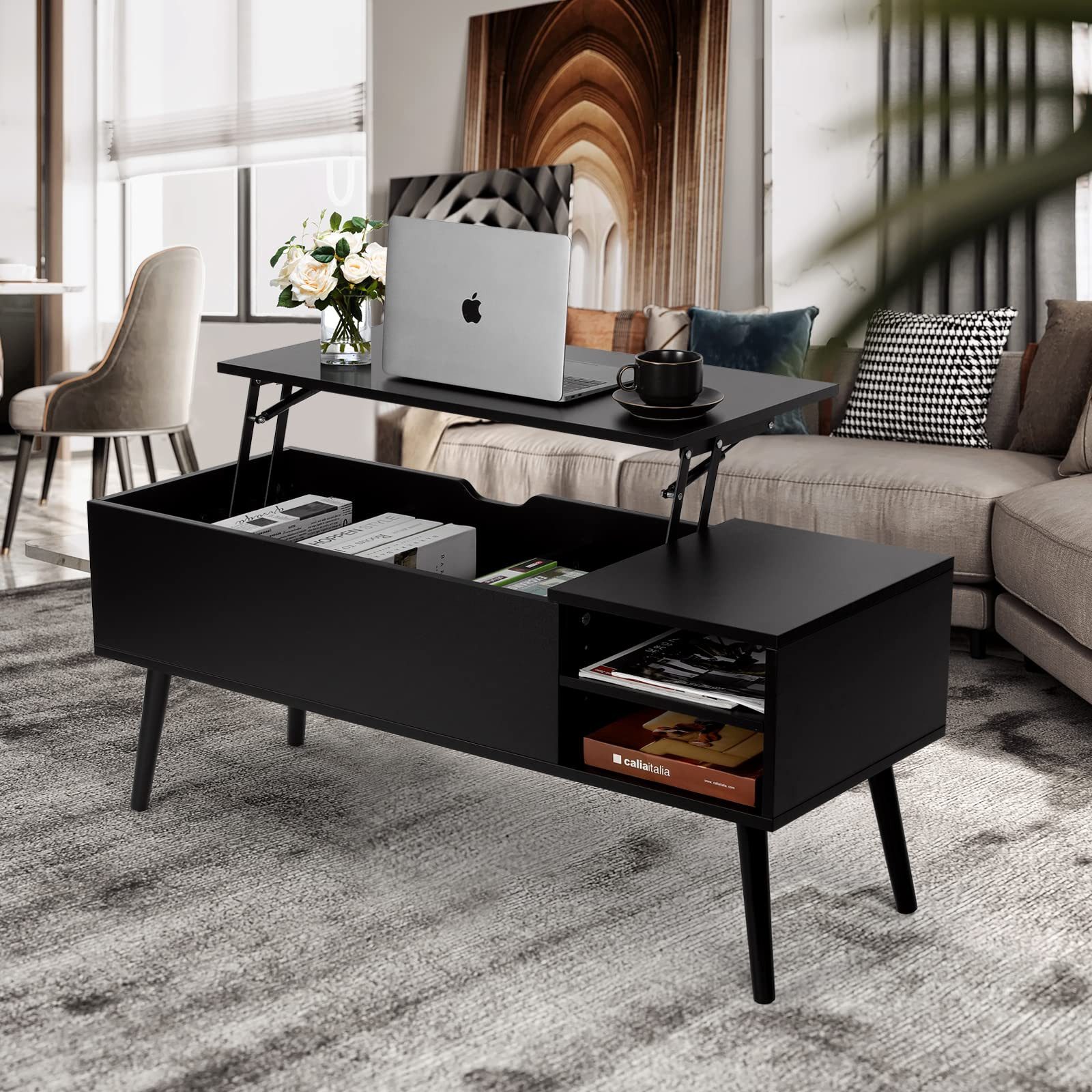 VOWNER Couchtisch Höhenverstellbar, mit Versteckten Fächern, Schwarz günstig online kaufen