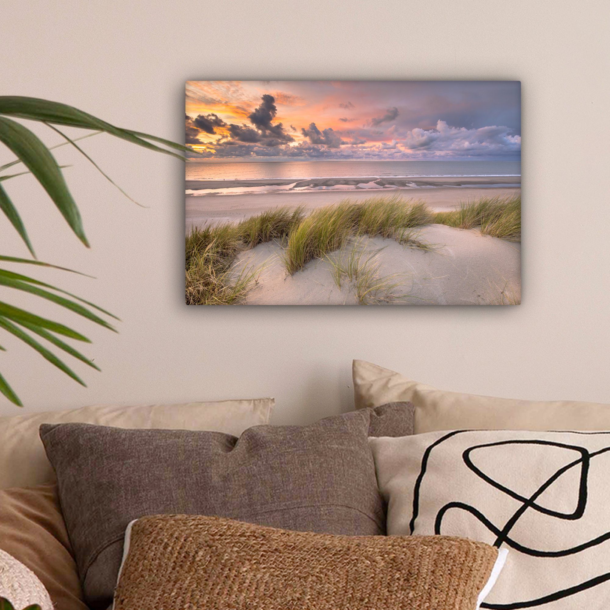 OneMillionCanvasses® Leinwandbild Sonnenuntergang - Düne - Strand - Pflanzen - Meer, Fotodruck (1 St), Leinwand Bilder Klein, Wand Dekoration Aesthetic 30x20 cm