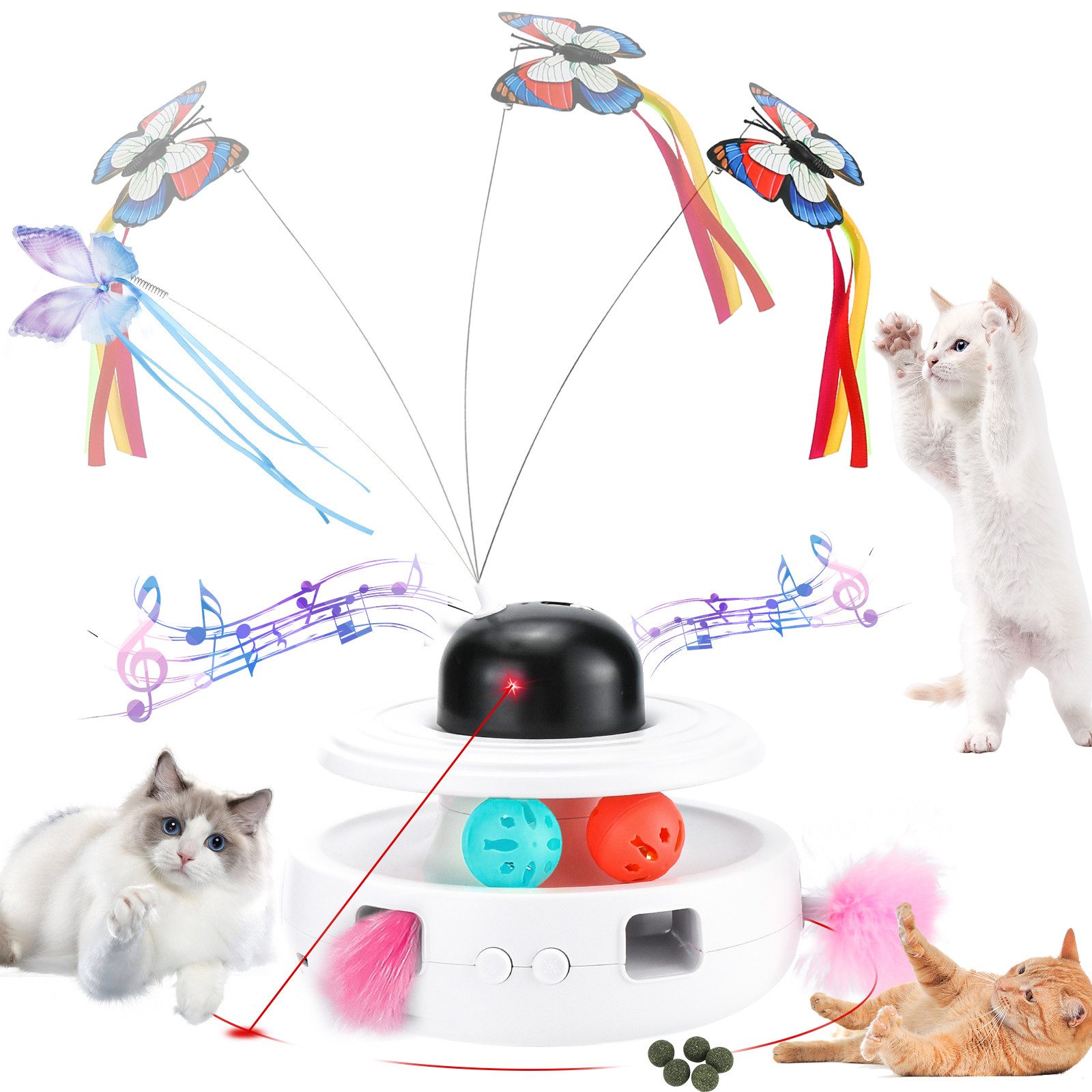 marmortrend Sehnsucht nach Einzigartigkeit Tier-Intelligenzspielzeug 5-in-1 Katzenspielzeug intelligenzspielzeug für katzen mit1800mAh Akku, Katzenspielzeug mitFeder,Schmetterling,Laser,Vogelgezwitscher,Ballbahn
