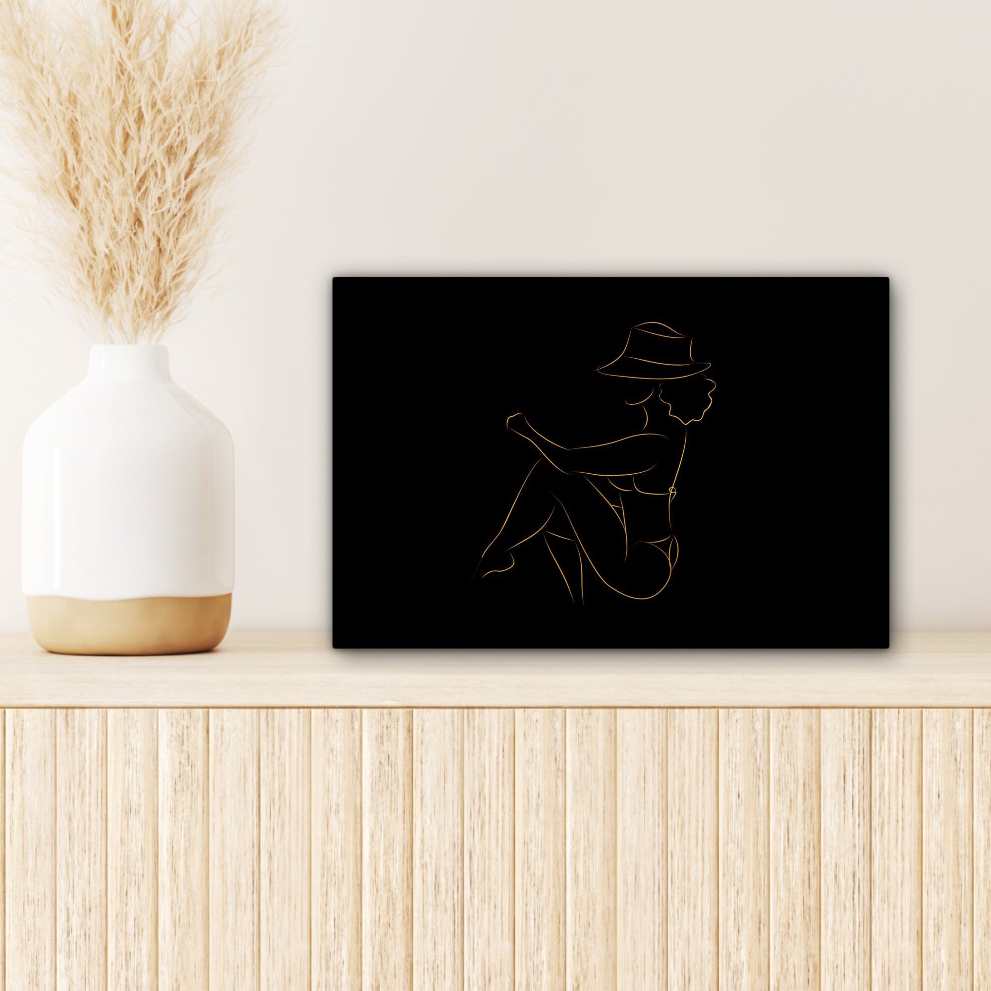 Frau Wanddeko, (1 - Wandbild Gold 30x20 St), cm - Strichzeichnung, Leinwandbild OneMillionCanvasses® Aufhängefertig, Leinwandbilder, - Hut