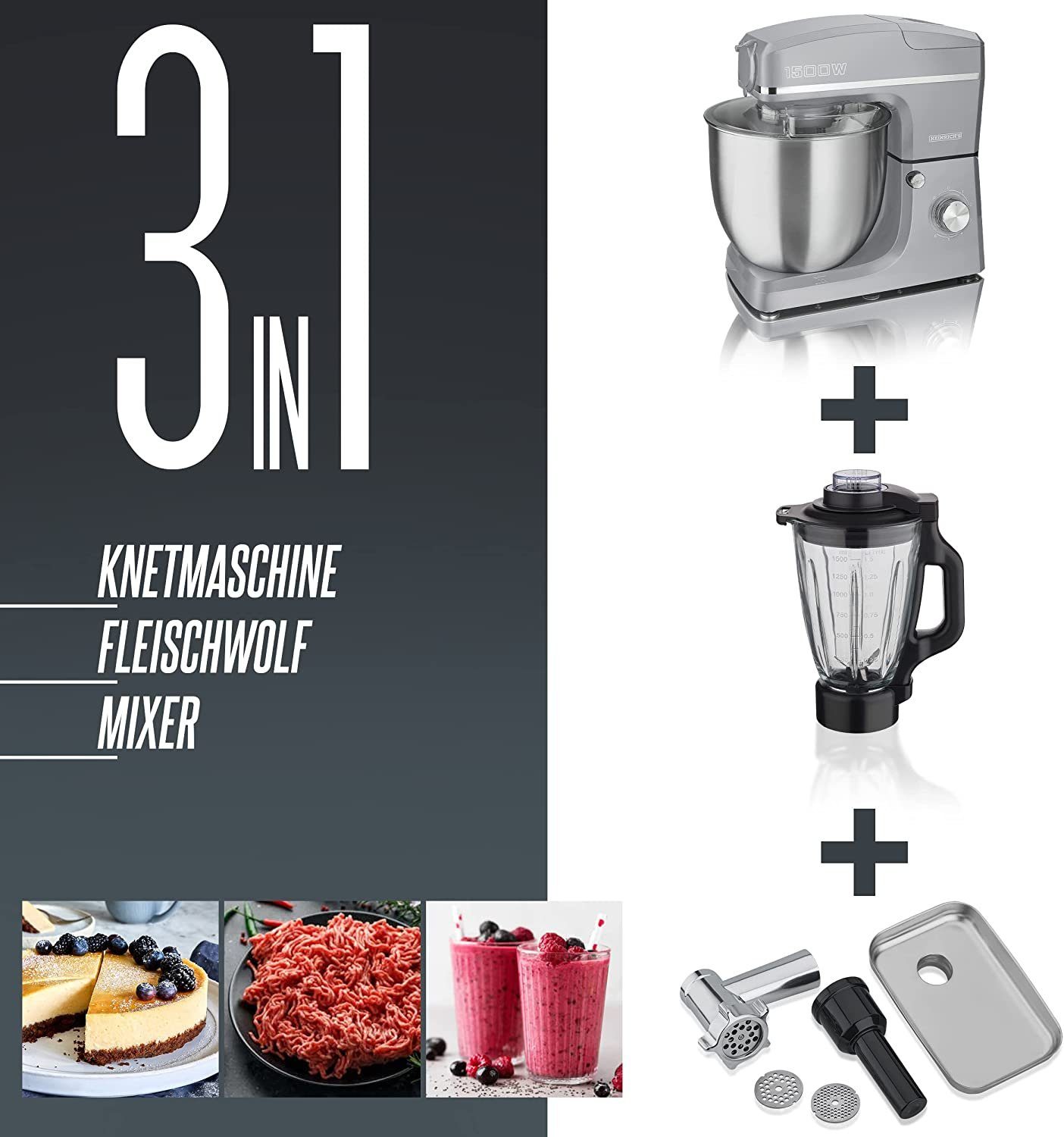Heinrich´s Küchenmaschine, 1500 W, 10,00 l Schüssel, 6 Geschwindigkeiten, Multifunktional, XXXL